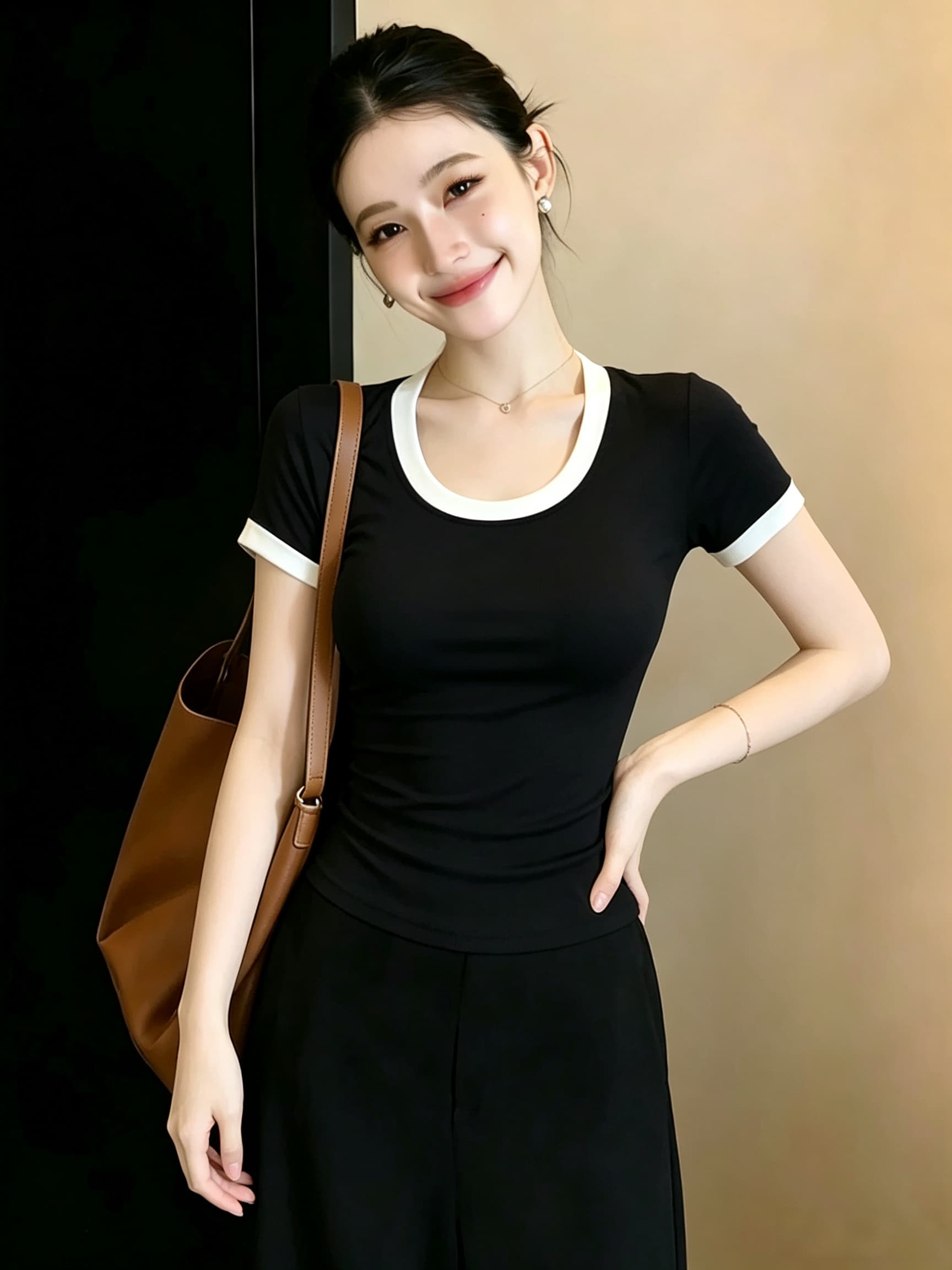 빅 사이즈 지방 mm 오래된 돈 바람 배색 u 칼라 반팔 티셔츠 여성 여름 부드럽다 통기성 몸매 가꾸기 슬림해 보이는 맨위 상세 이미지 6
