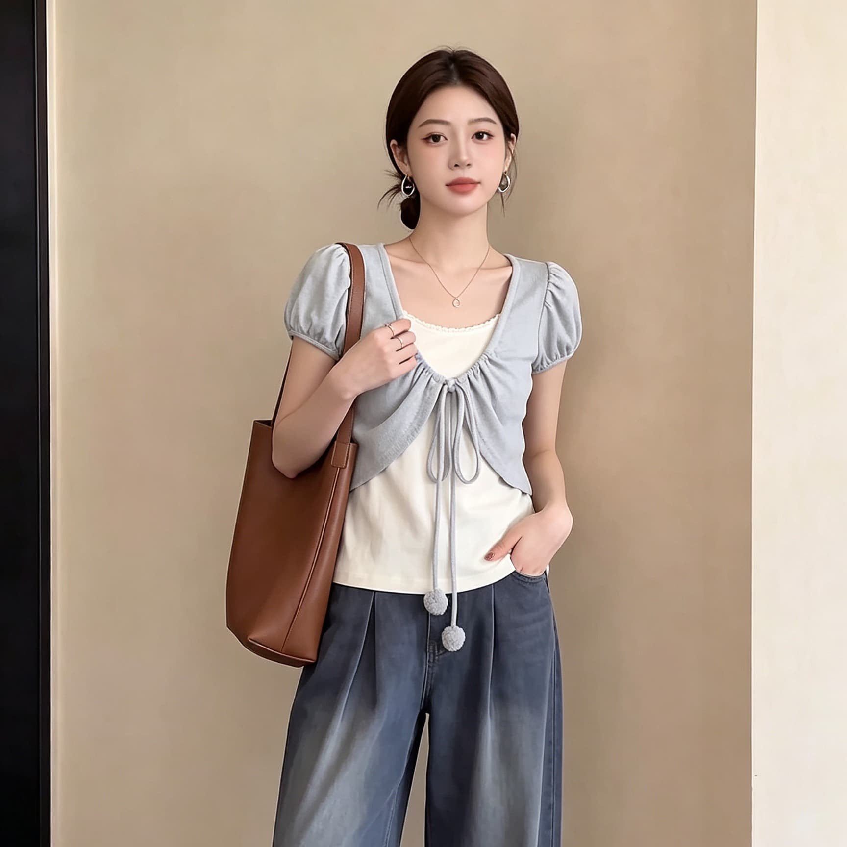 빅 사이즈 마이크로 지방 mm 한 부서 배색 패치워크 페이크 레이어드 반팔 티셔츠 여성 여름 디자인 센스 펌프 로프 슬림해 보이는 맨위 이미지 5