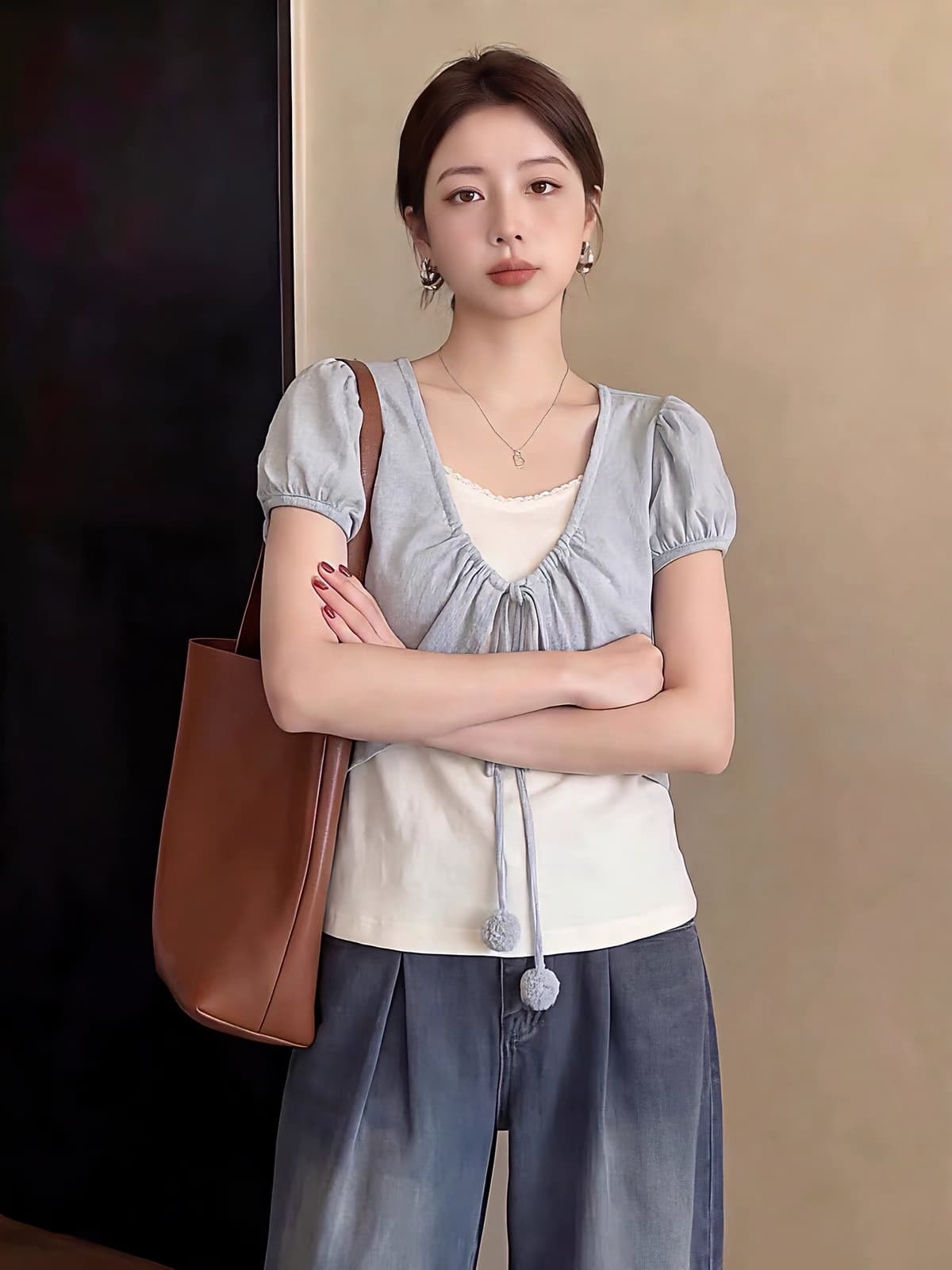 빅 사이즈 마이크로 지방 mm 한 부서 배색 패치워크 페이크 레이어드 반팔 티셔츠 여성 여름 디자인 센스 펌프 로프 슬림해 보이는 맨위 상세 이미지 2