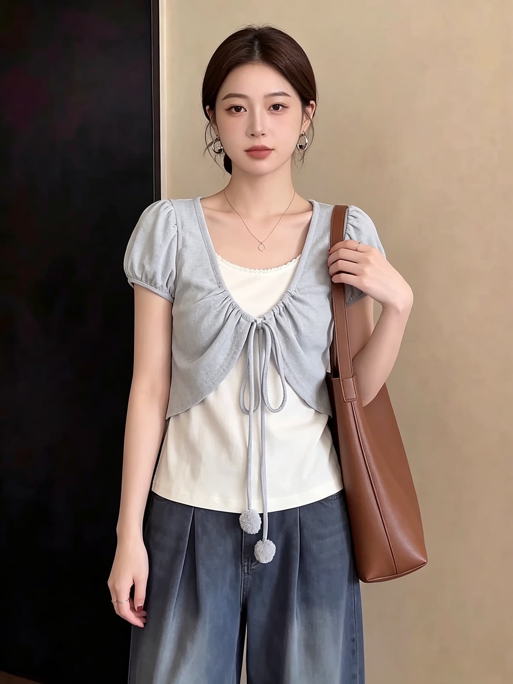 빅 사이즈 마이크로 지방 mm 한 부서 배색 패치워크 페이크 레이어드 반팔 티셔츠 여성 여름 디자인 센스 펌프 로프 슬림해 보이는 맨위 상세 이미지 3