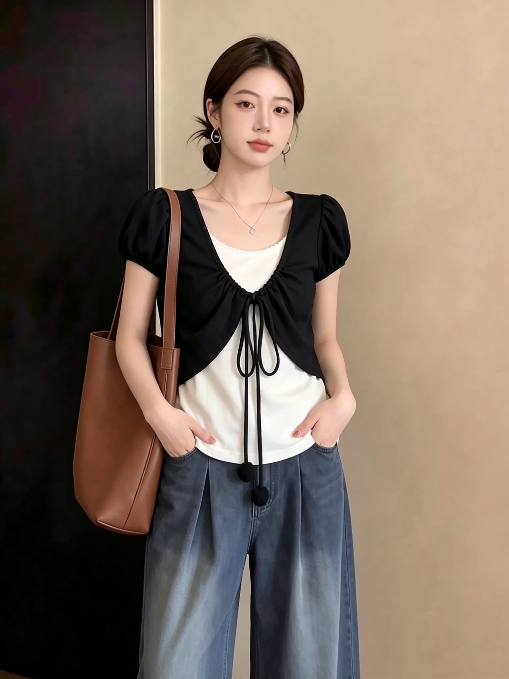 빅 사이즈 마이크로 지방 mm 한 부서 배색 패치워크 페이크 레이어드 반팔 티셔츠 여성 여름 디자인 센스 펌프 로프 슬림해 보이는 맨위 상세 이미지 7