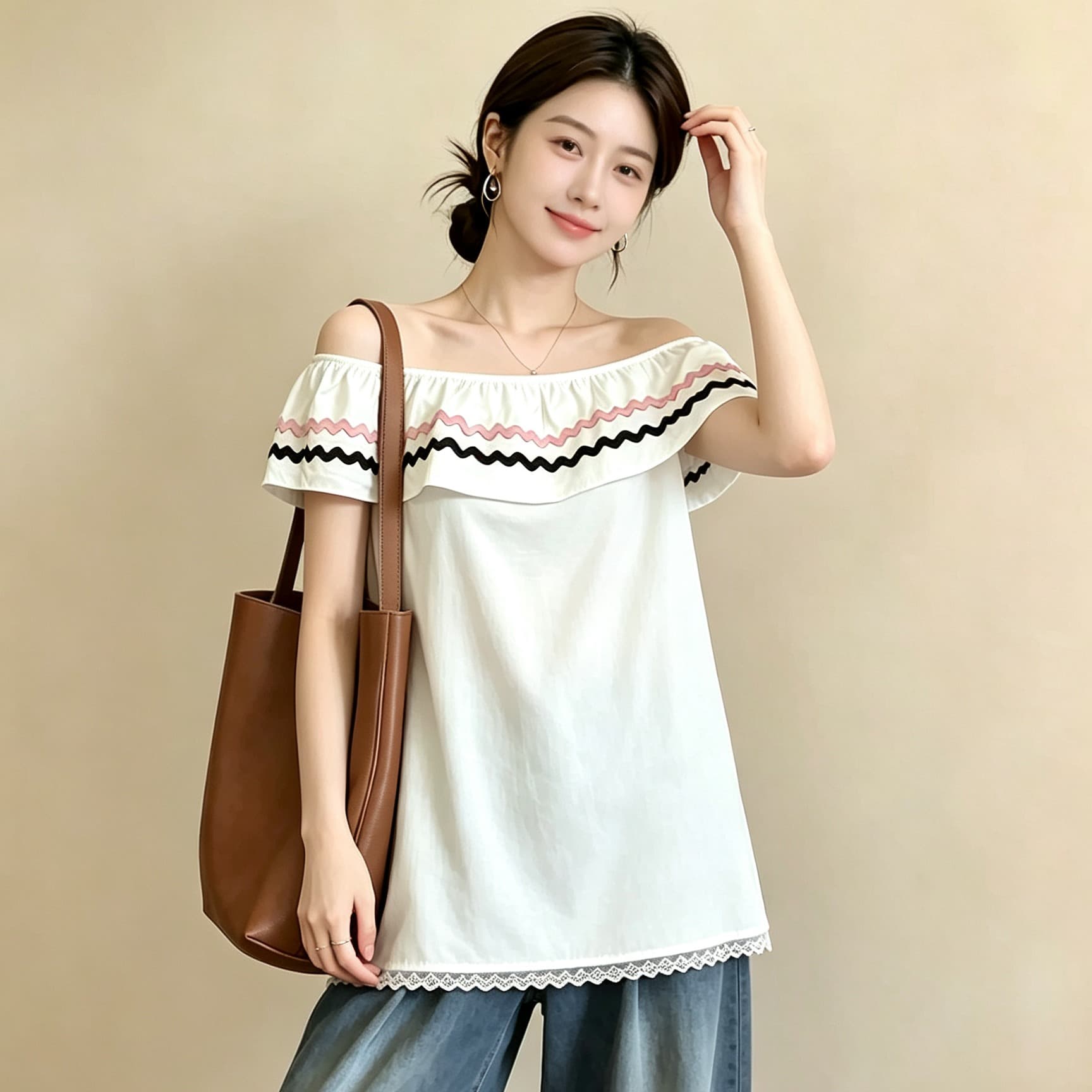 빅 사이즈 마이크로 지방 mm 순수한 욕망 바람 프릴 오프숄더 여성 셔츠 여름 폭발 디자인 센스 배색 휴가 맨위 이미지 5