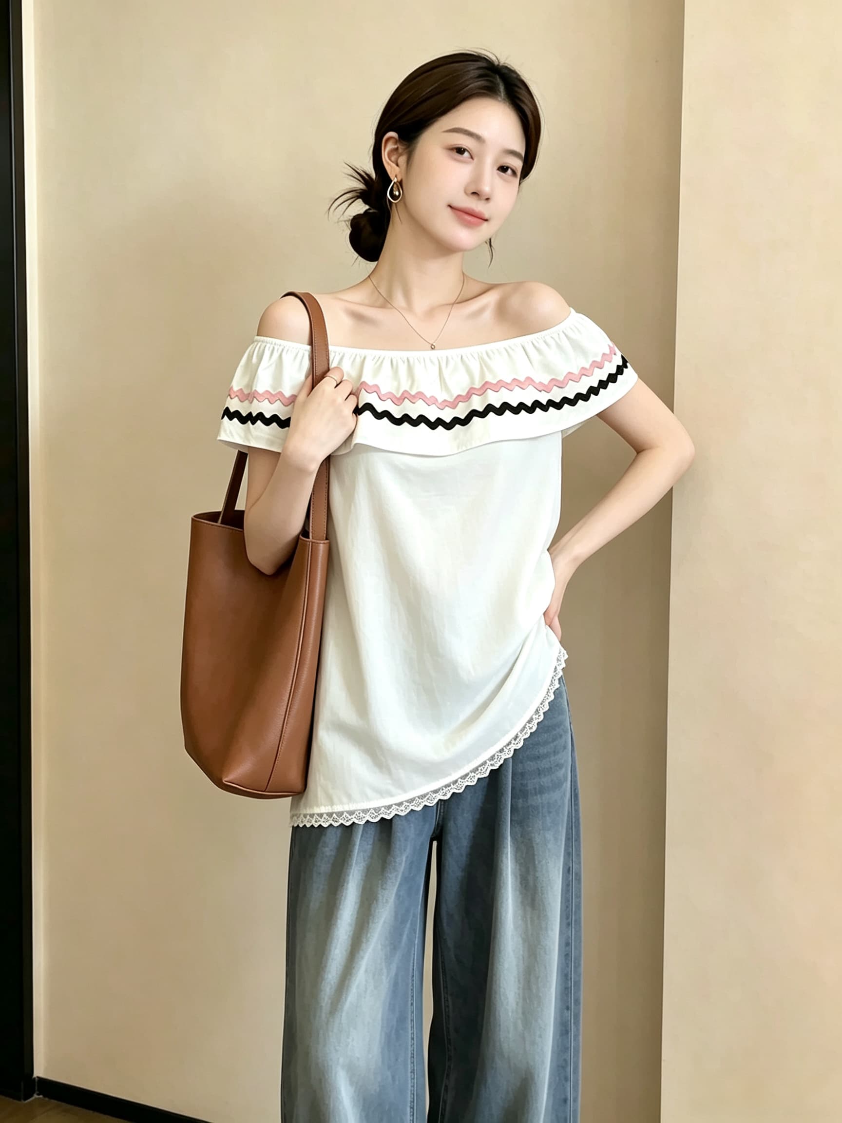 빅 사이즈 마이크로 지방 mm 순수한 욕망 바람 프릴 오프숄더 여성 셔츠 여름 폭발 디자인 센스 배색 휴가 맨위 상세 이미지 3
