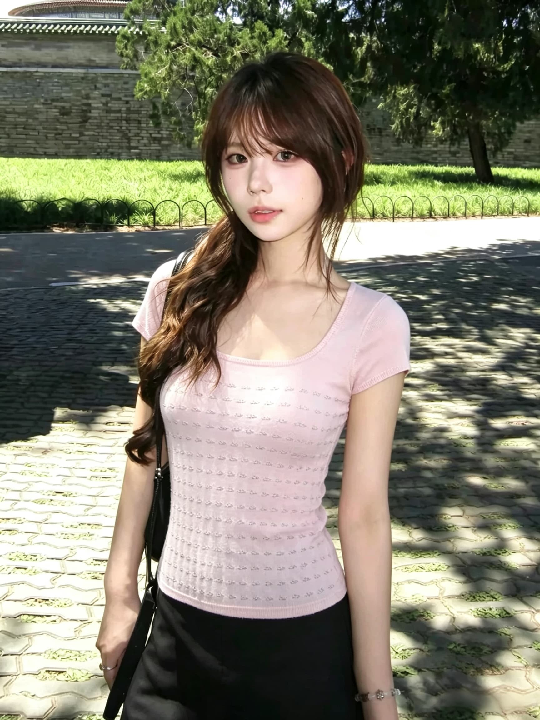 빅 사이즈 마이크로 지방 mm 순수한 욕망 바람 작은 자카드 질감 센스 u 칼라 니트 반팔 티셔츠 여름 폭발 통기성 슬림해 보이는 맨위 상세 이미지 1
