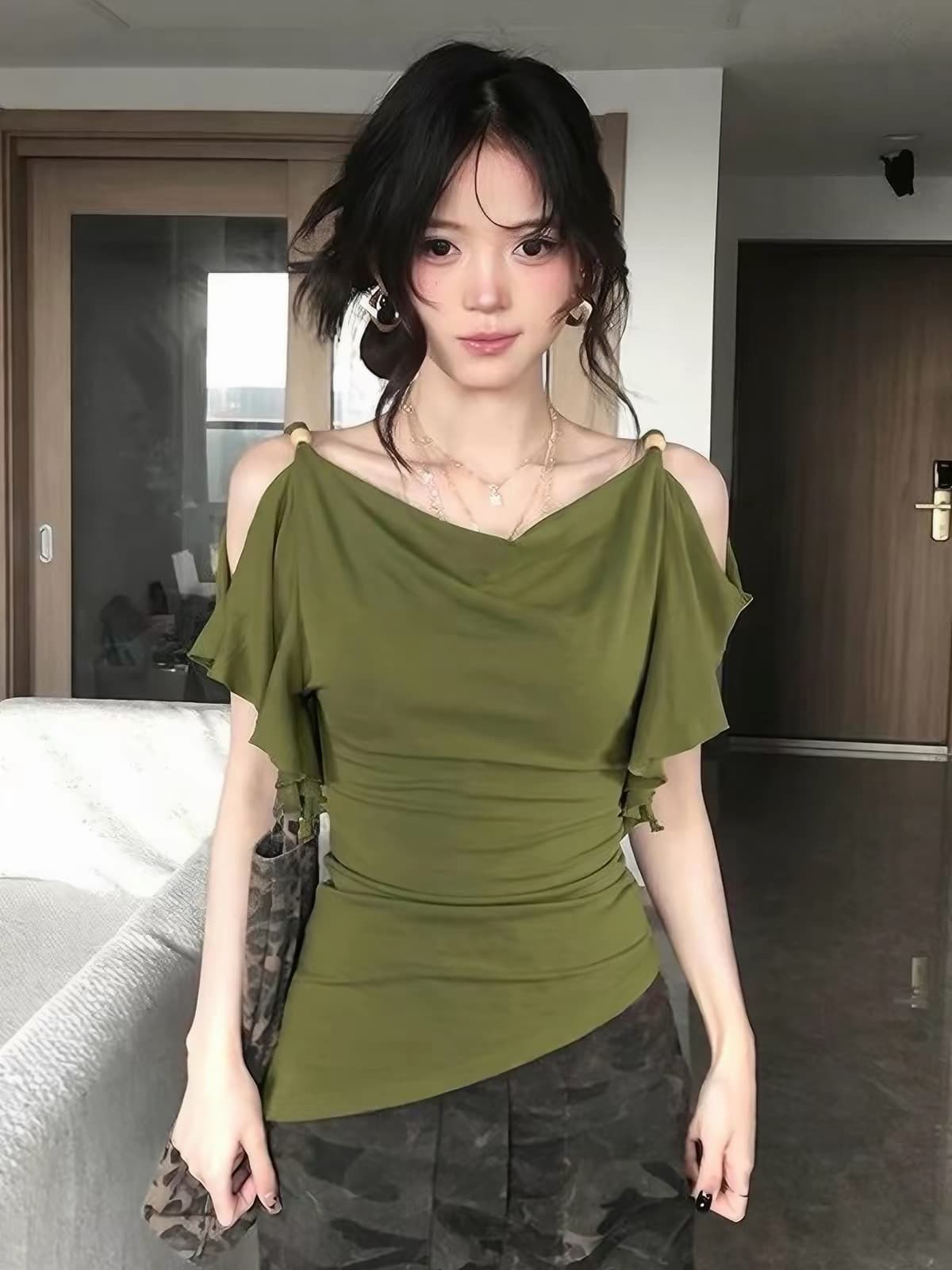 빅 사이즈 지방 mm 도파민 녹색 흔들다 칼라 프릴 오프숄더 티셔츠 여성 여름 핫걸 바람 슬림해 보이는 맨위