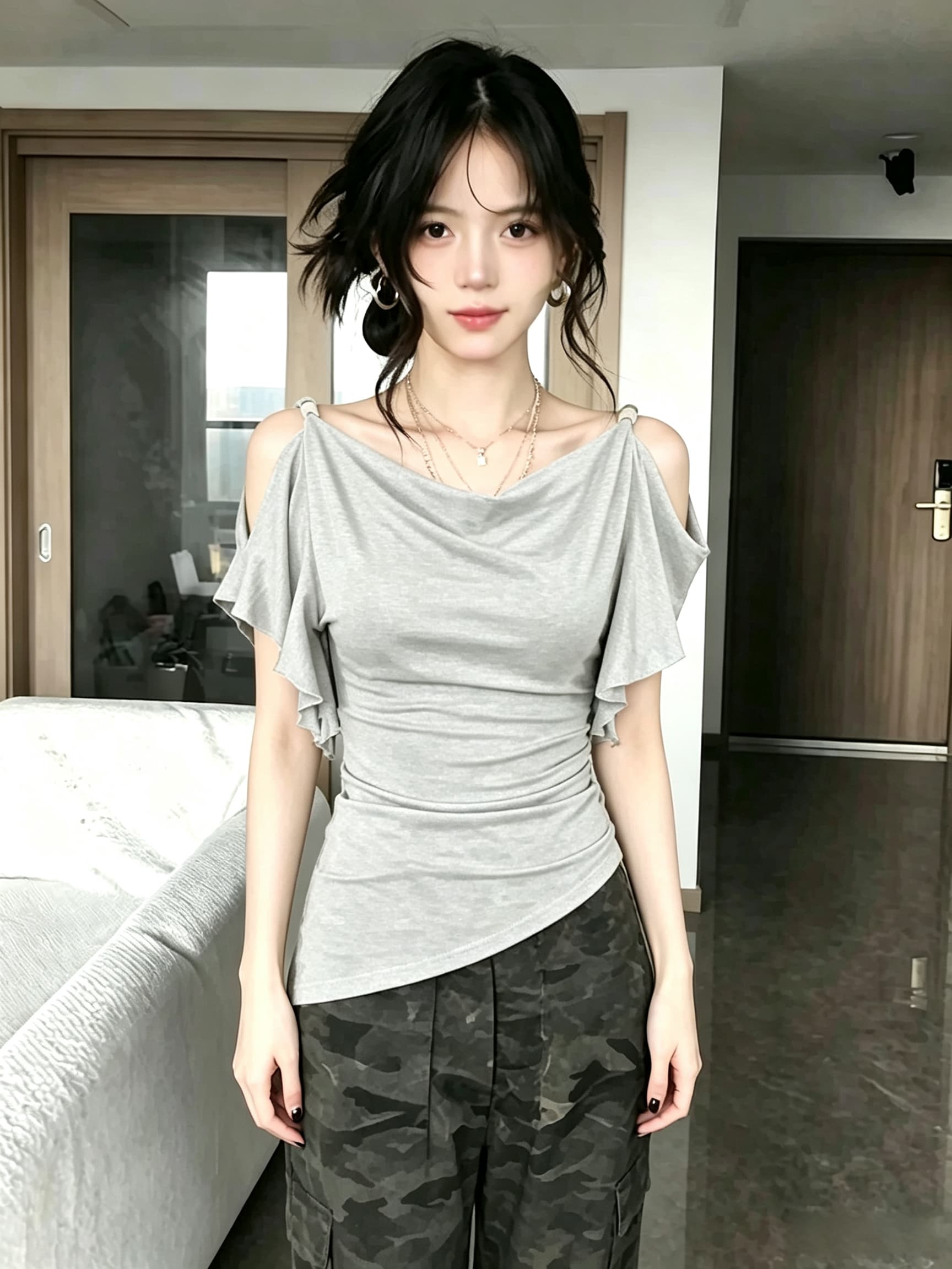 빅 사이즈 지방 mm 도파민 녹색 흔들다 칼라 프릴 오프숄더 티셔츠 여성 여름 핫걸 바람 슬림해 보이는 맨위 이미지 4