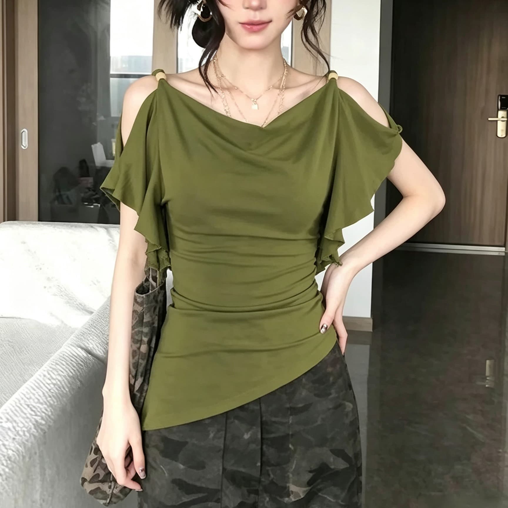 빅 사이즈 지방 mm 도파민 녹색 흔들다 칼라 프릴 오프숄더 티셔츠 여성 여름 핫걸 바람 슬림해 보이는 맨위 이미지 5