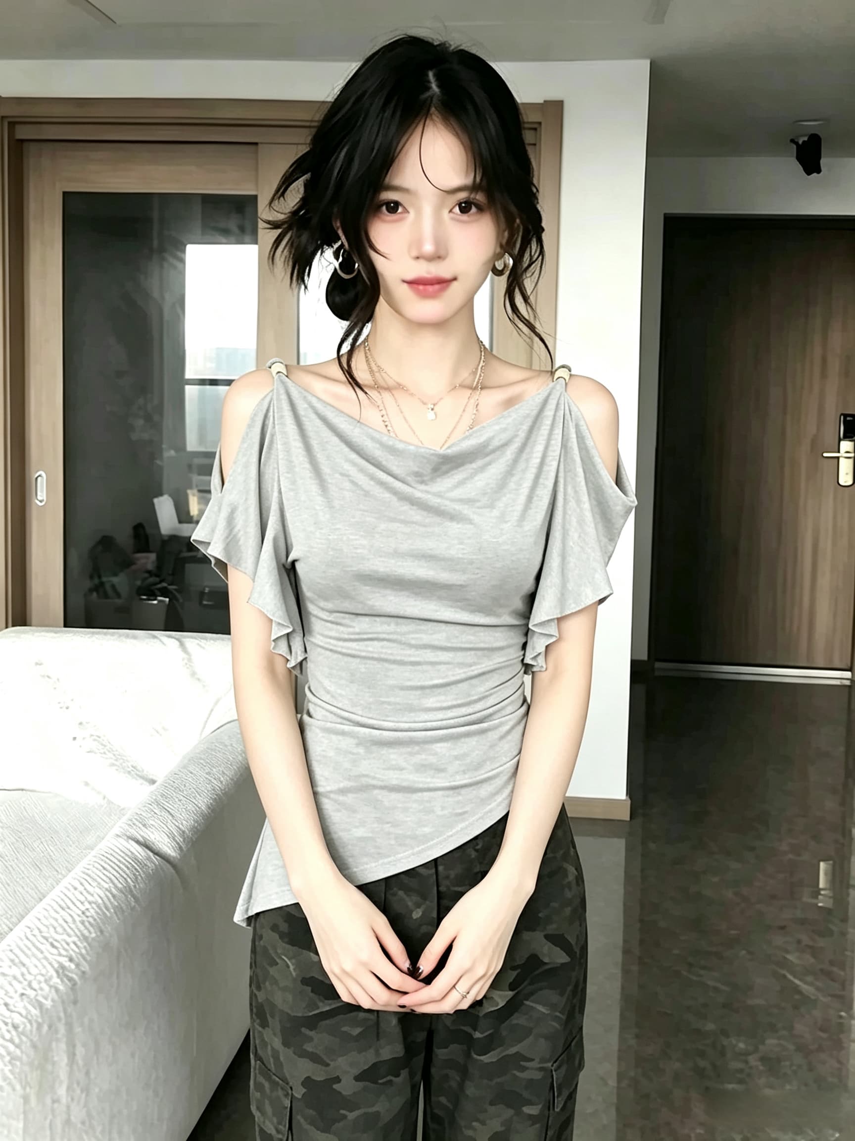 빅 사이즈 지방 mm 도파민 녹색 흔들다 칼라 프릴 오프숄더 티셔츠 여성 여름 핫걸 바람 슬림해 보이는 맨위 상세 이미지 8