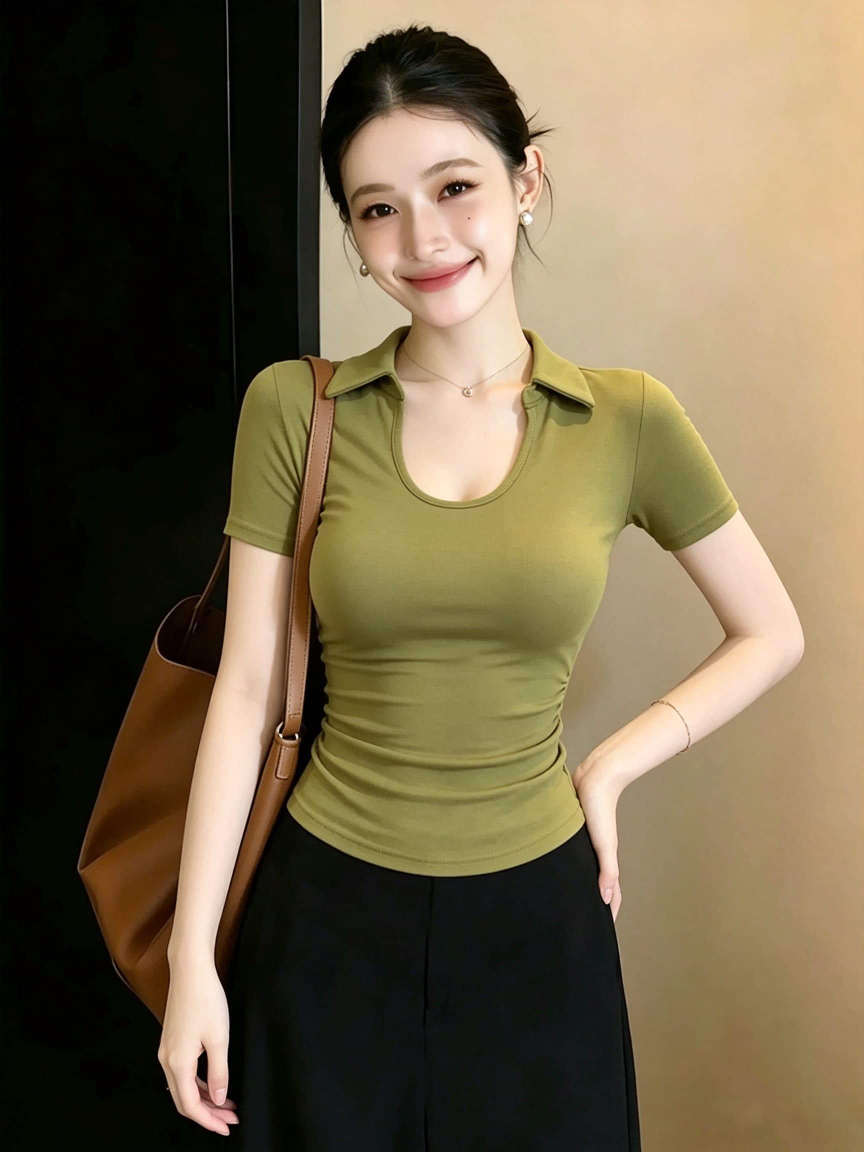 빅 사이즈 지방 mm 순수한 욕망 바람 POLO 칼라 반팔 티셔츠 여성 여름 디자인 센스 작은 대중 주름 허리 수축 슬림해 보이는 맨위 상세 이미지 3
