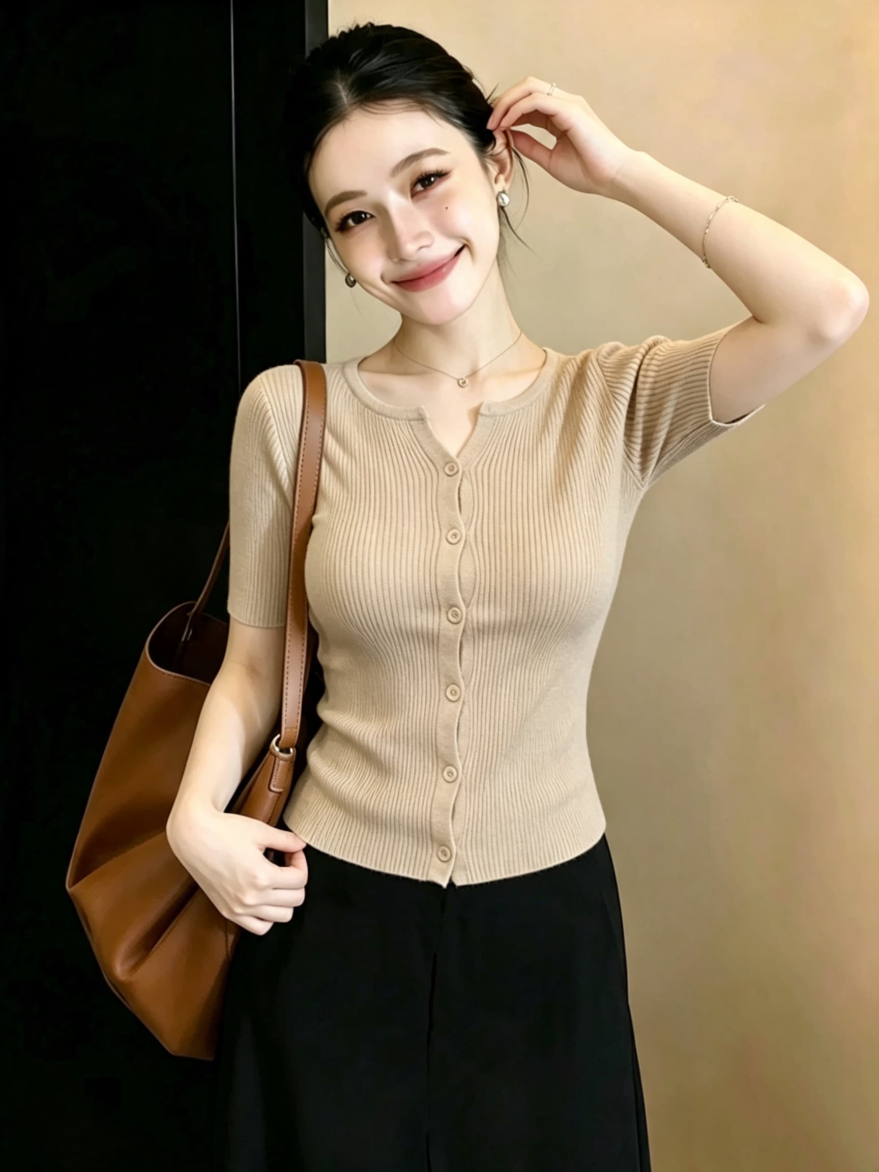 빅 사이즈 마이크로 지방 mm 한 부서 순수한 욕망 바람 V넥 니트 오픈 가디건 티셔츠 여성 여름 품격 몸매 가꾸기 슬림해 보이는 반팔 맨위 이미지 4