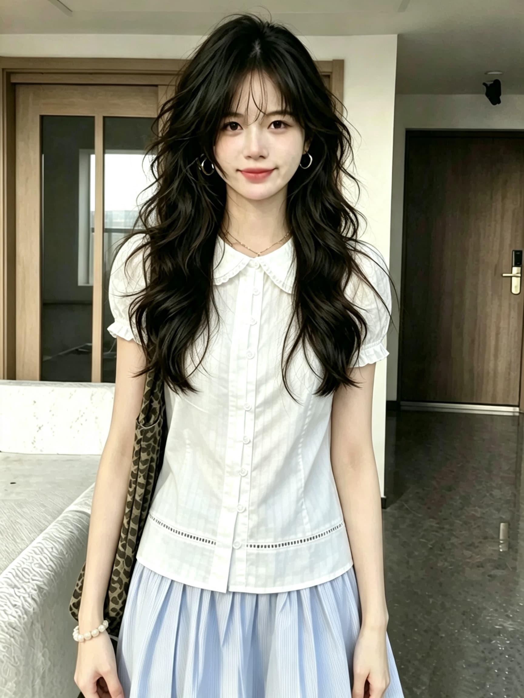 빅 사이즈 지방 mm 한 부서 베이비 칼라 반팔 여성 셔츠 여름 얇은 스타일 통기성 홀로우 아웃 Chic 슬림해 보이는 표지 고기 맨위