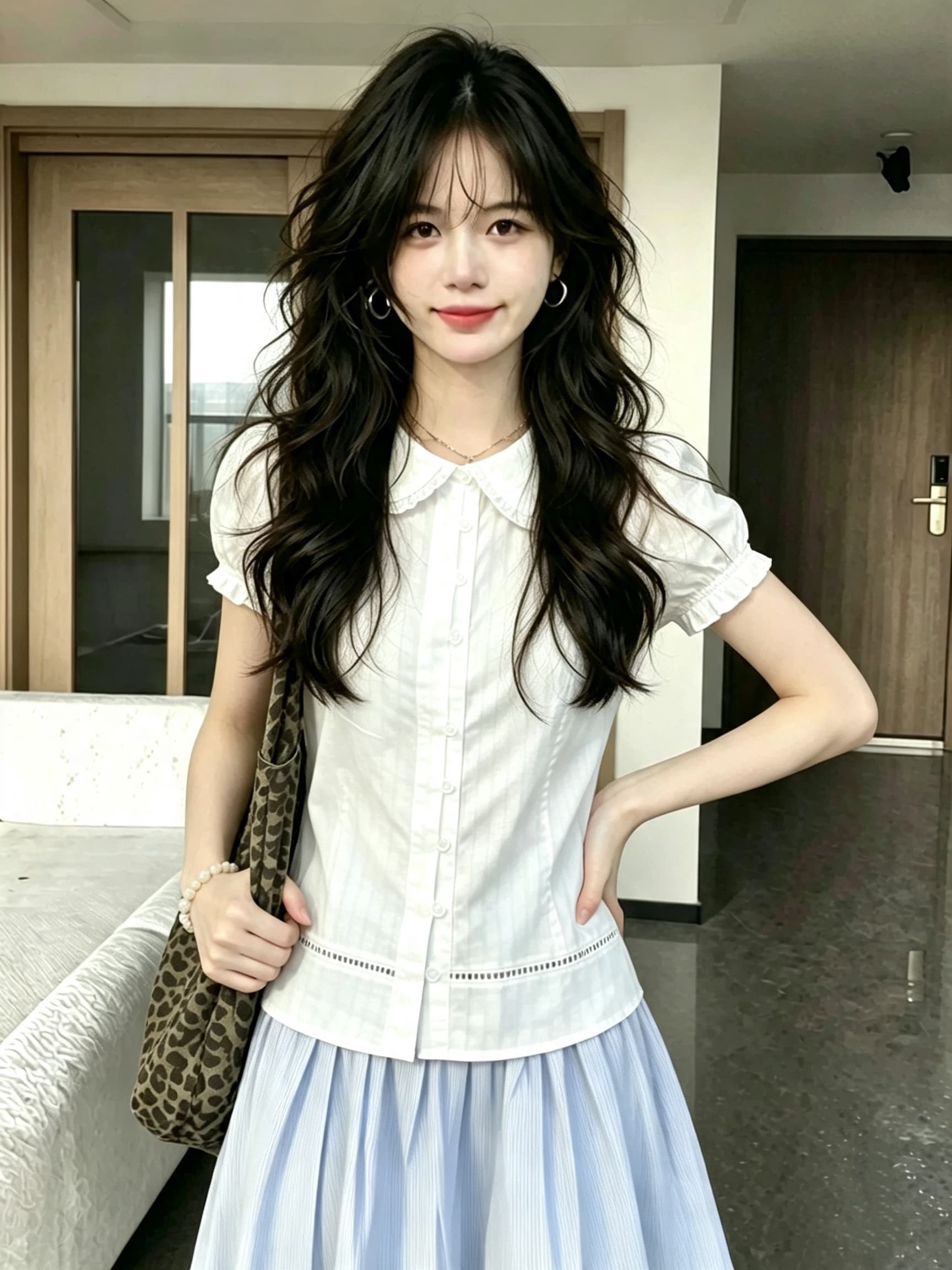 빅 사이즈 지방 mm 한 부서 베이비 칼라 반팔 여성 셔츠 여름 얇은 스타일 통기성 홀로우 아웃 Chic 슬림해 보이는 표지 고기 맨위 이미지 2