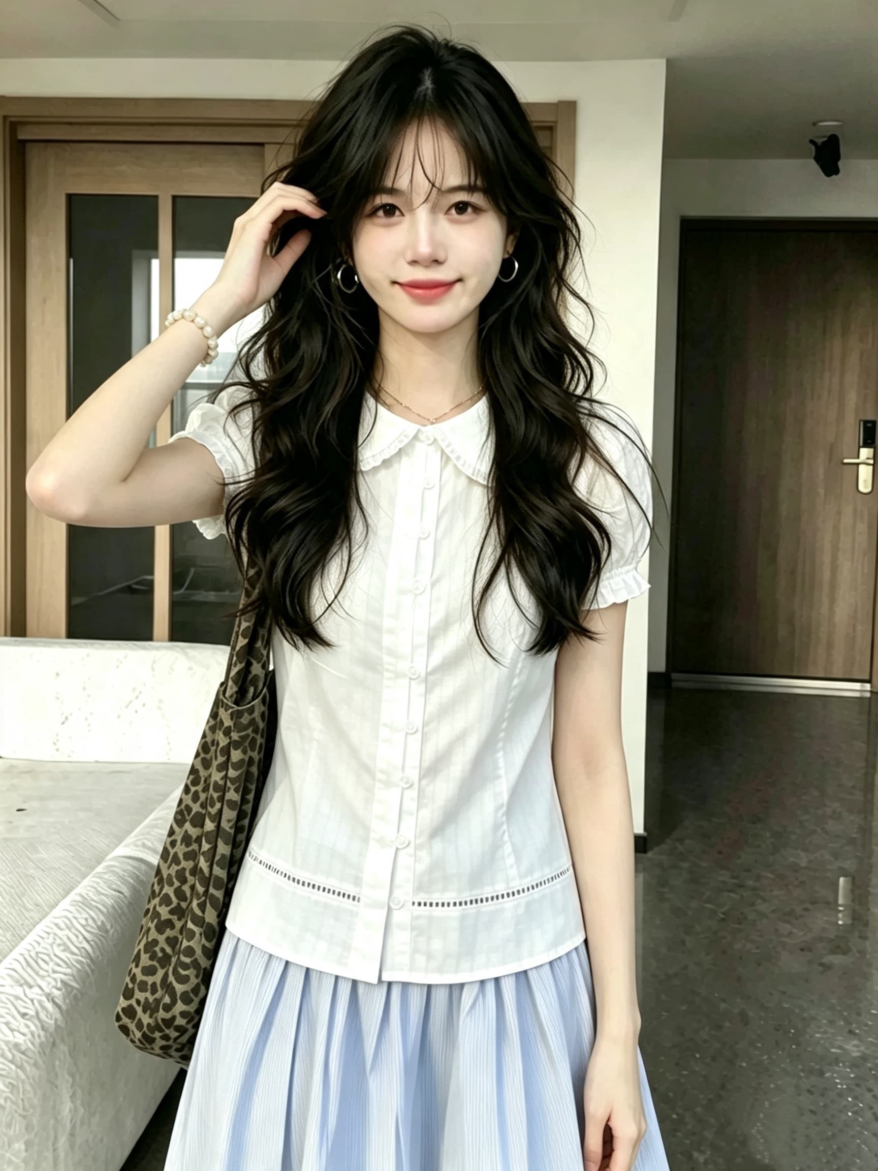 빅 사이즈 지방 mm 한 부서 베이비 칼라 반팔 여성 셔츠 여름 얇은 스타일 통기성 홀로우 아웃 Chic 슬림해 보이는 표지 고기 맨위 이미지 3