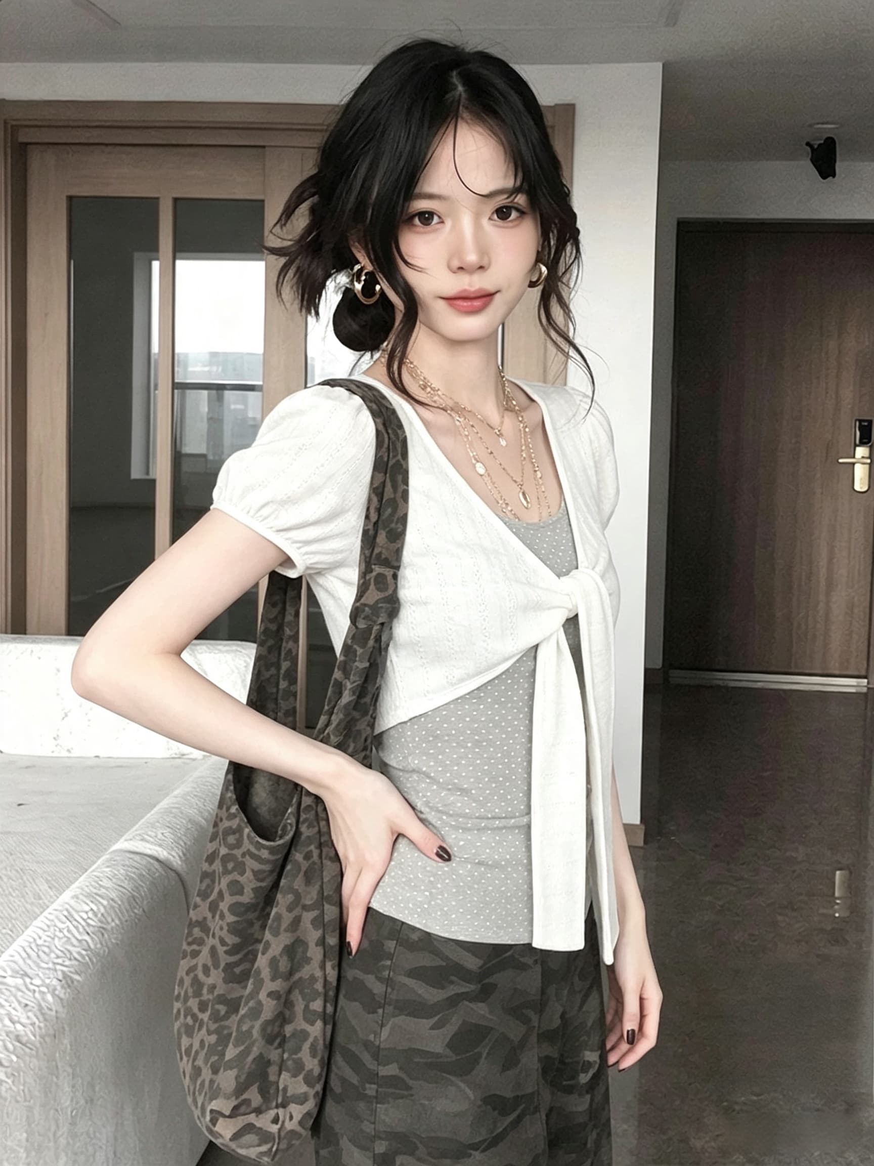 빅 사이즈 마이크로 지방 mm 달콤함 레이스업 페이크 레이어드 도트 무늬 패치워크 반팔 티셔츠 여성 몸매 가꾸기 슬림해 보이는 디자인 센스 맨위 이미지 4