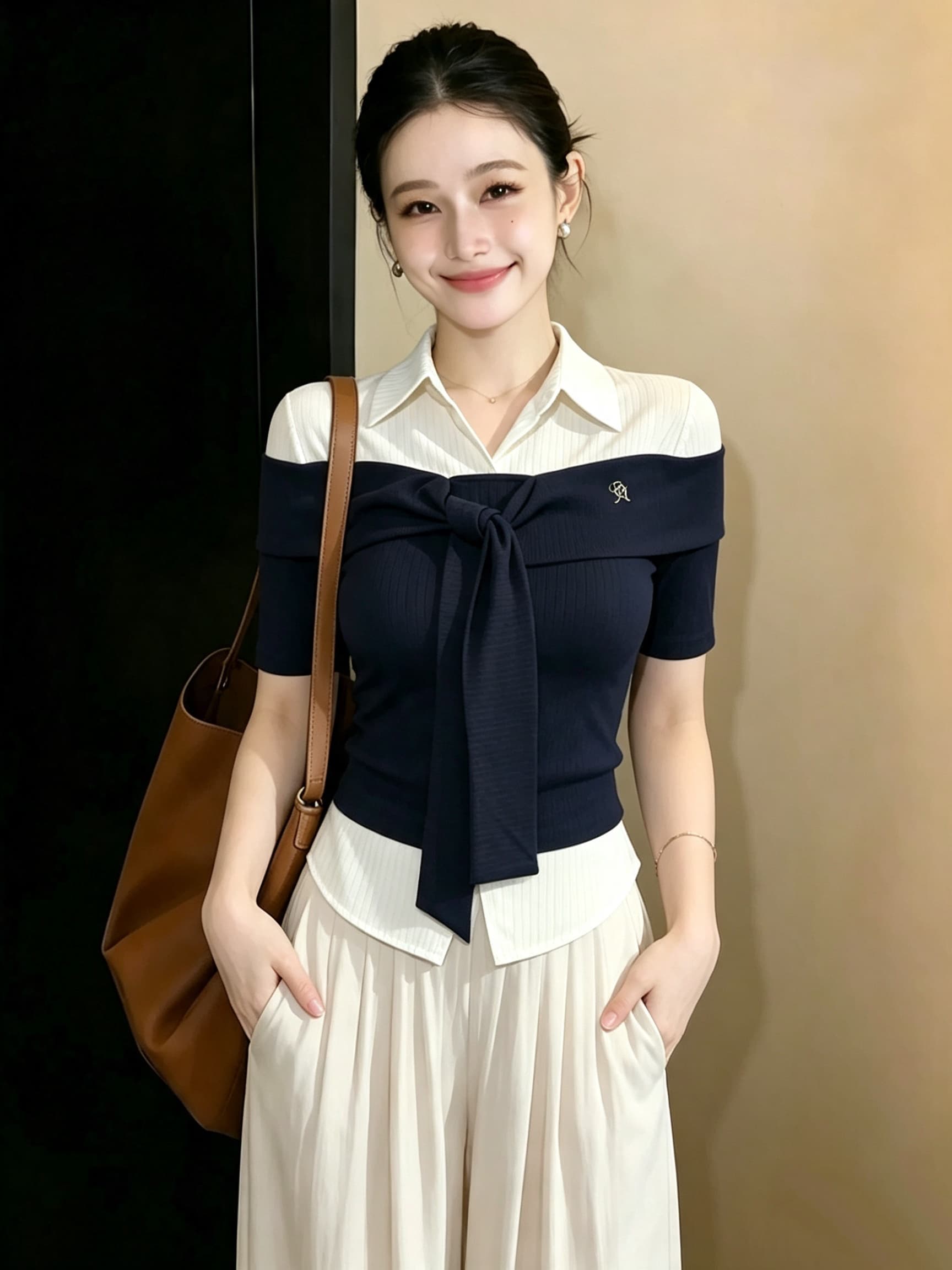 빅 사이즈 마이크로 지방 mm 한 부서 페이크 레이어드 패치워크 반팔 여성 셔츠 여름 몸매 가꾸기 슬림해 보이는 POLO 칼라 맨위 이미지 2