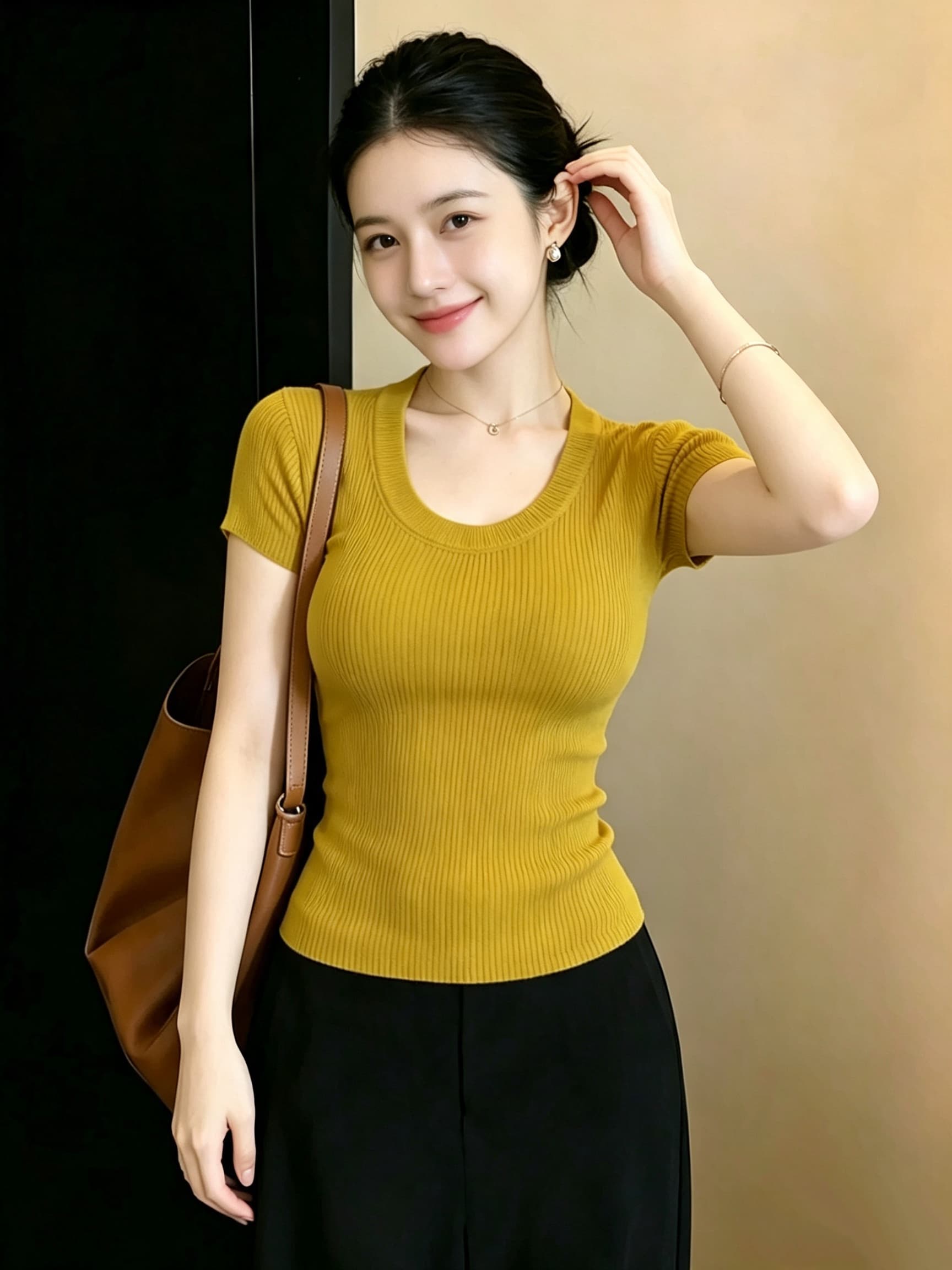 마이크로 지방 mm 순수한 욕망 바람 황색 u 칼라 반팔 니트 티셔츠 여성 여름 디자인 센스 고유 한 아름다운 슬림해 보이는 맨위 이미지 3