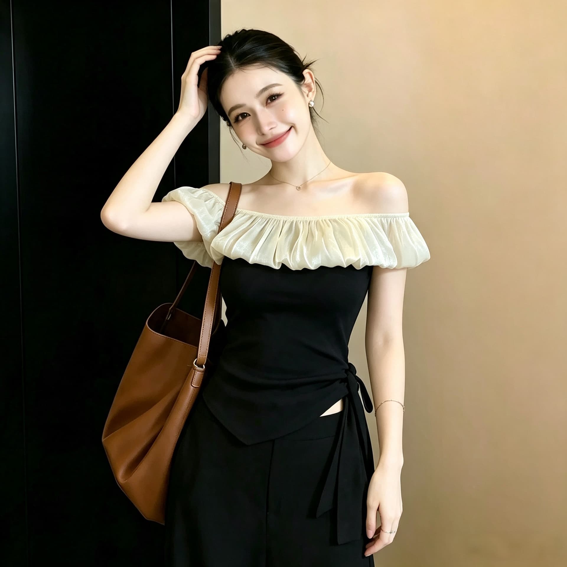 마이크로 지방 mm 순수한 욕망 바람 보트넥 니트 티셔츠 여성 여름 불규칙 스트랩 아름다운 Chic 슬림해 보이는 맨위 상세 이미지 3
