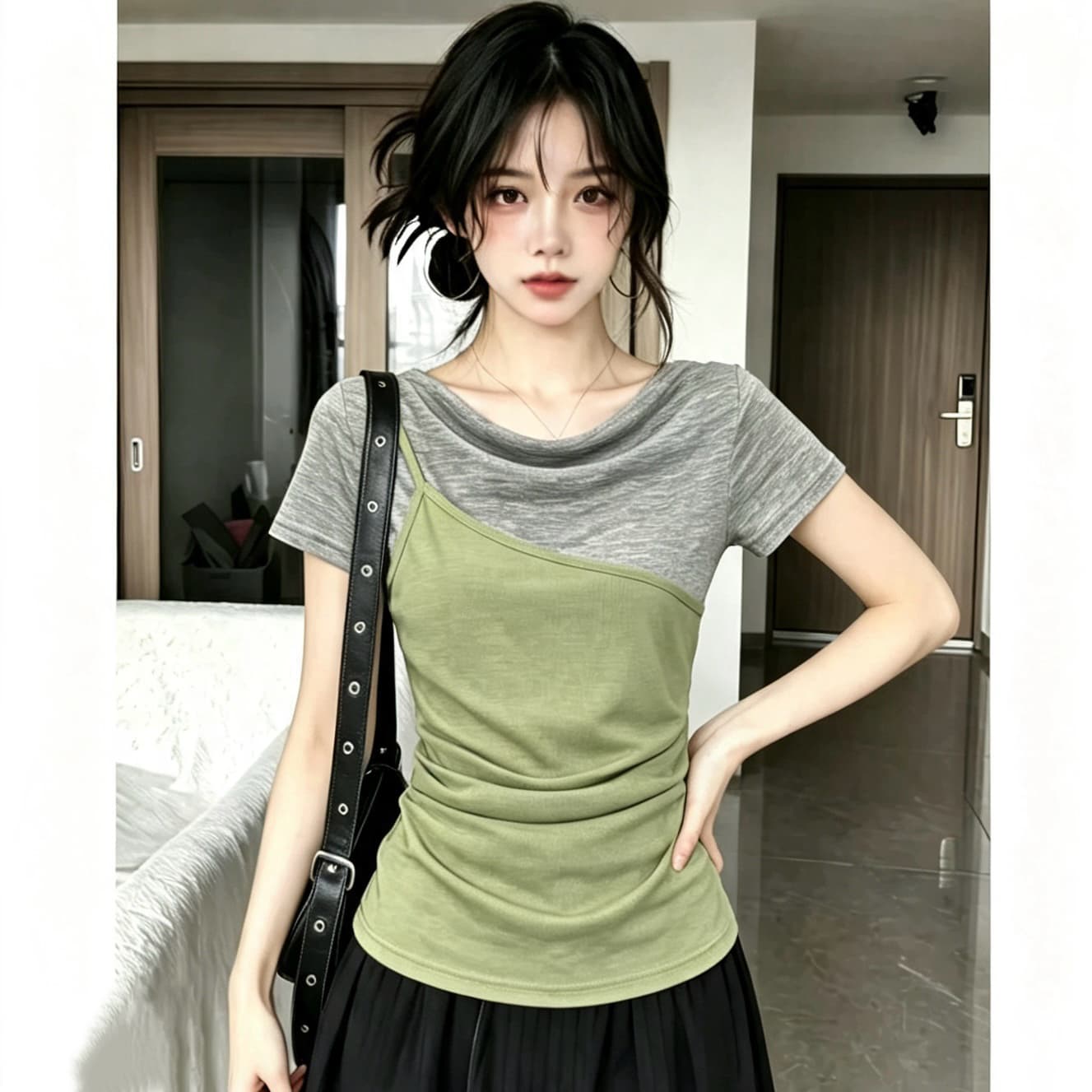 빅 사이즈 마이크로 지방 mm 한 부서 페이크 레이어드 반팔 티셔츠 여성 여름 디자인 센스 배색 몸매 가꾸기 슬림해 보이는 Chic 맨위 상세 이미지 1