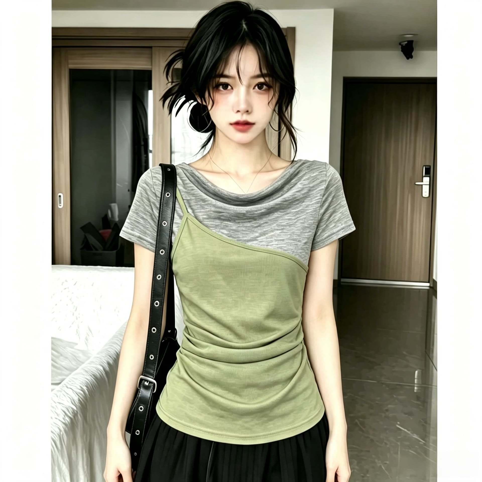 빅 사이즈 마이크로 지방 mm 한 부서 페이크 레이어드 반팔 티셔츠 여성 여름 디자인 센스 배색 몸매 가꾸기 슬림해 보이는 Chic 맨위 상세 이미지 2