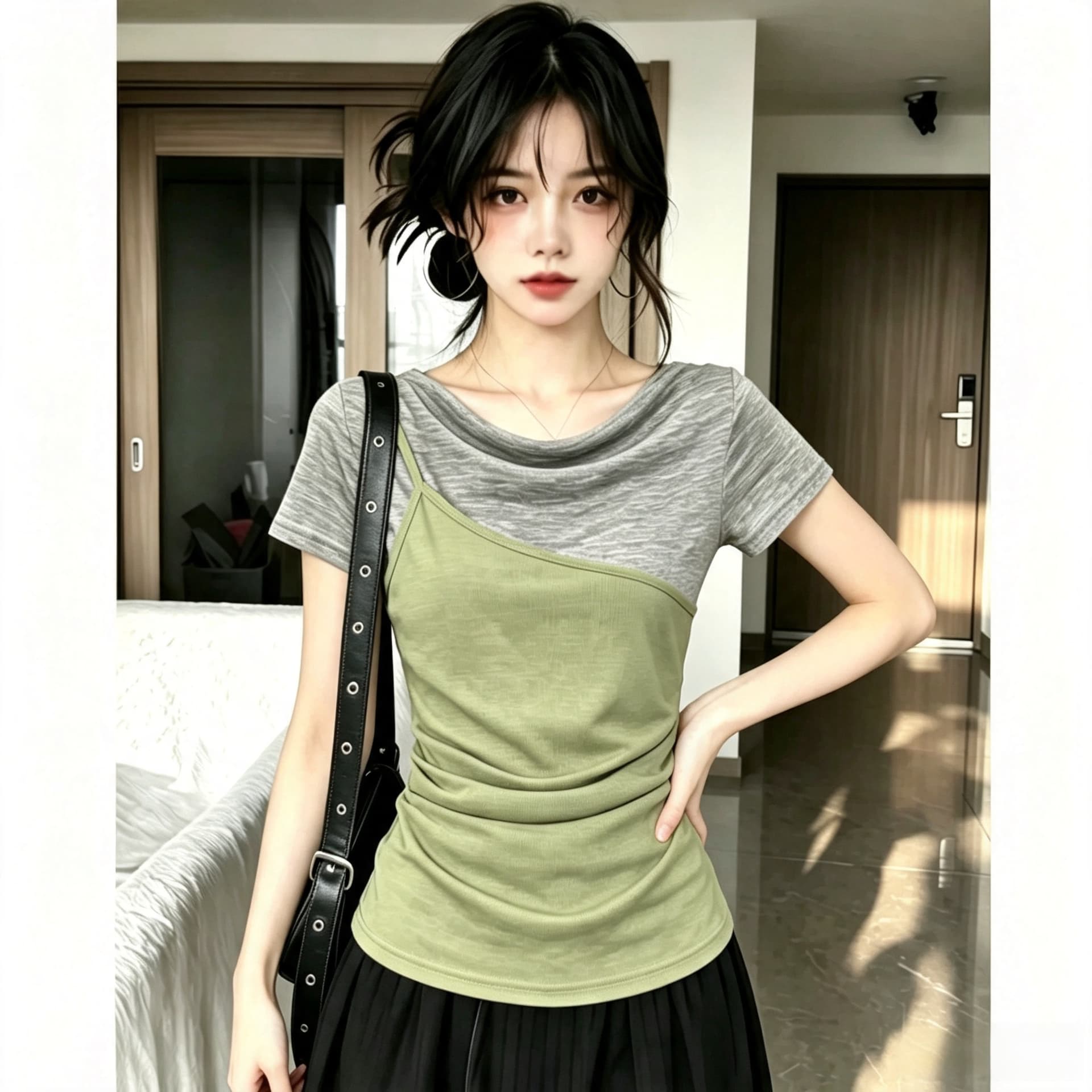 빅 사이즈 마이크로 지방 mm 한 부서 페이크 레이어드 반팔 티셔츠 여성 여름 디자인 센스 배색 몸매 가꾸기 슬림해 보이는 Chic 맨위 상세 이미지 3