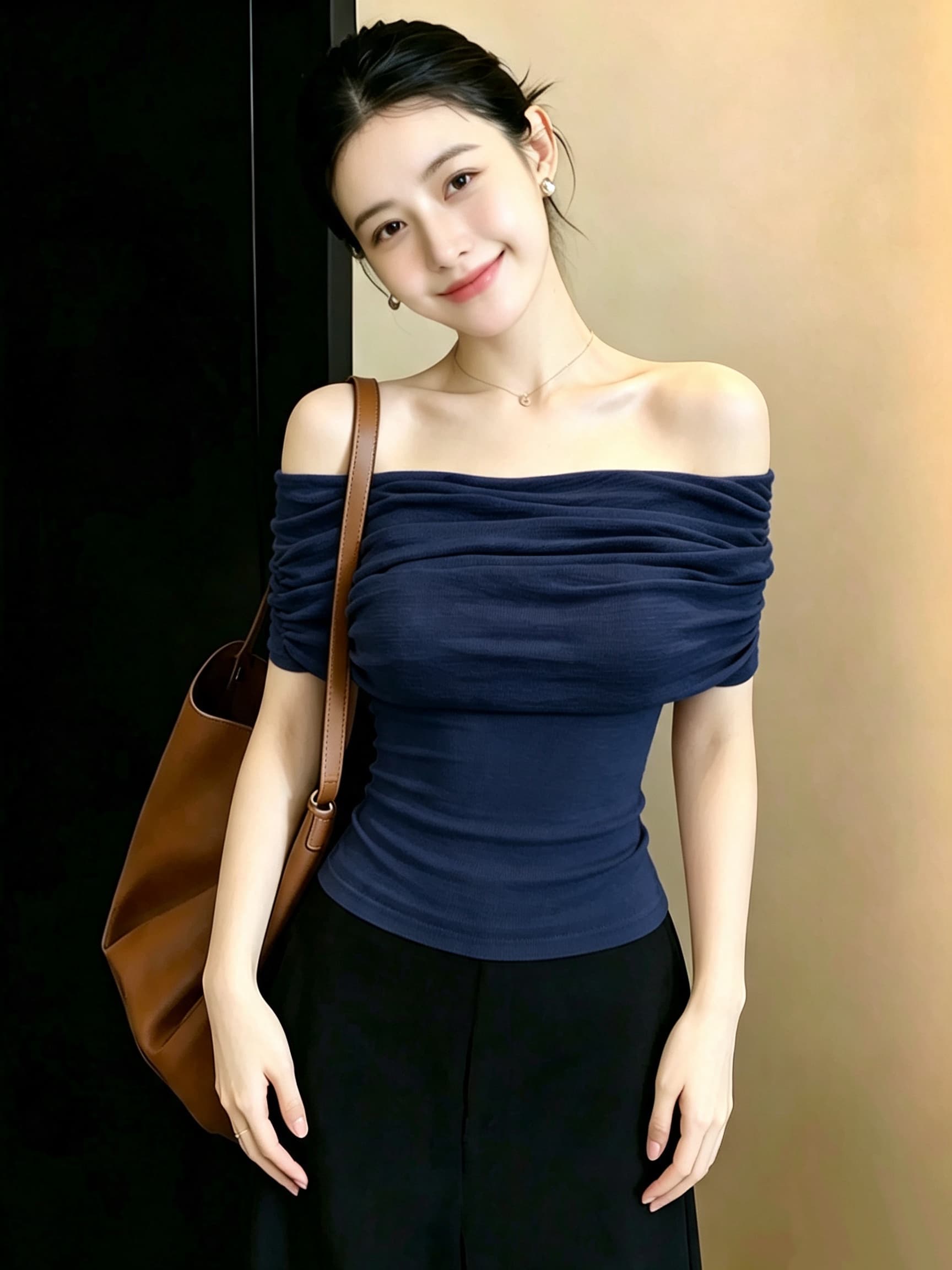마이크로 지방 mm 순수한 욕망 바람 보트넥 스태킹 센스 니트 반팔 티셔츠 여성 여름 고유 한 아름다운 훈제 한 분말 맨위 이미지 4