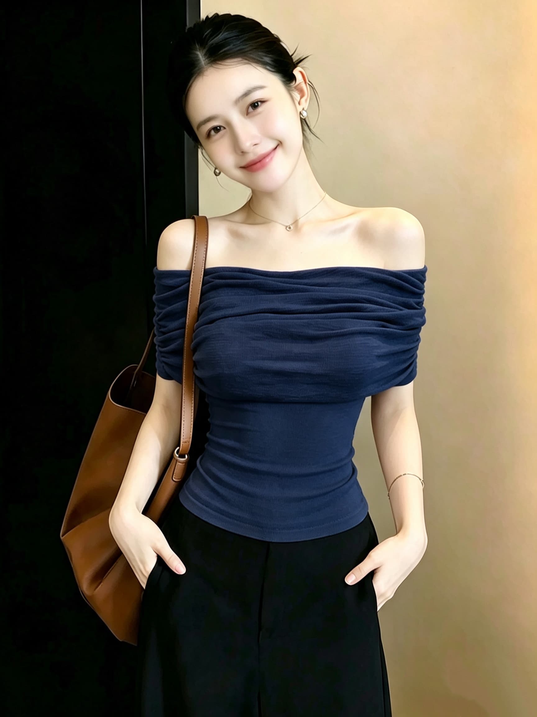 마이크로 지방 mm 순수한 욕망 바람 보트넥 스태킹 센스 니트 반팔 티셔츠 여성 여름 고유 한 아름다운 훈제 한 분말 맨위 상세 이미지 6