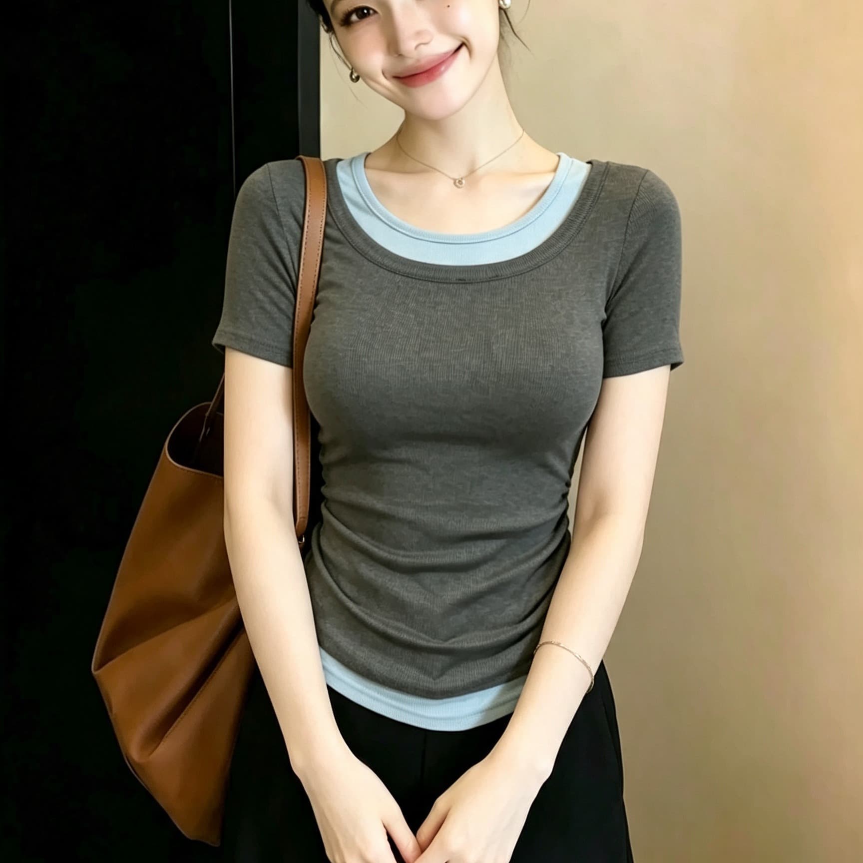 빅 사이즈 마이크로 지방 mm 한 부서 배색 페이크 레이어드 반팔 티셔츠 여성 여름 디자인 센스 주름 표지 고기 슬림해 보이는 맨위 이미지 5
