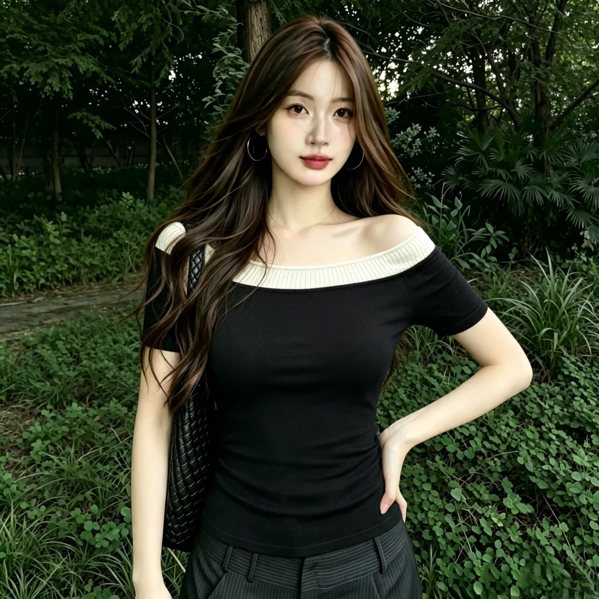 빅 사이즈 순수한 욕망 바람 오프숄더 니트 반팔 티셔츠 여성 여름 디자인 센스 패치워크 배색 핫걸 맨위 이미지 2