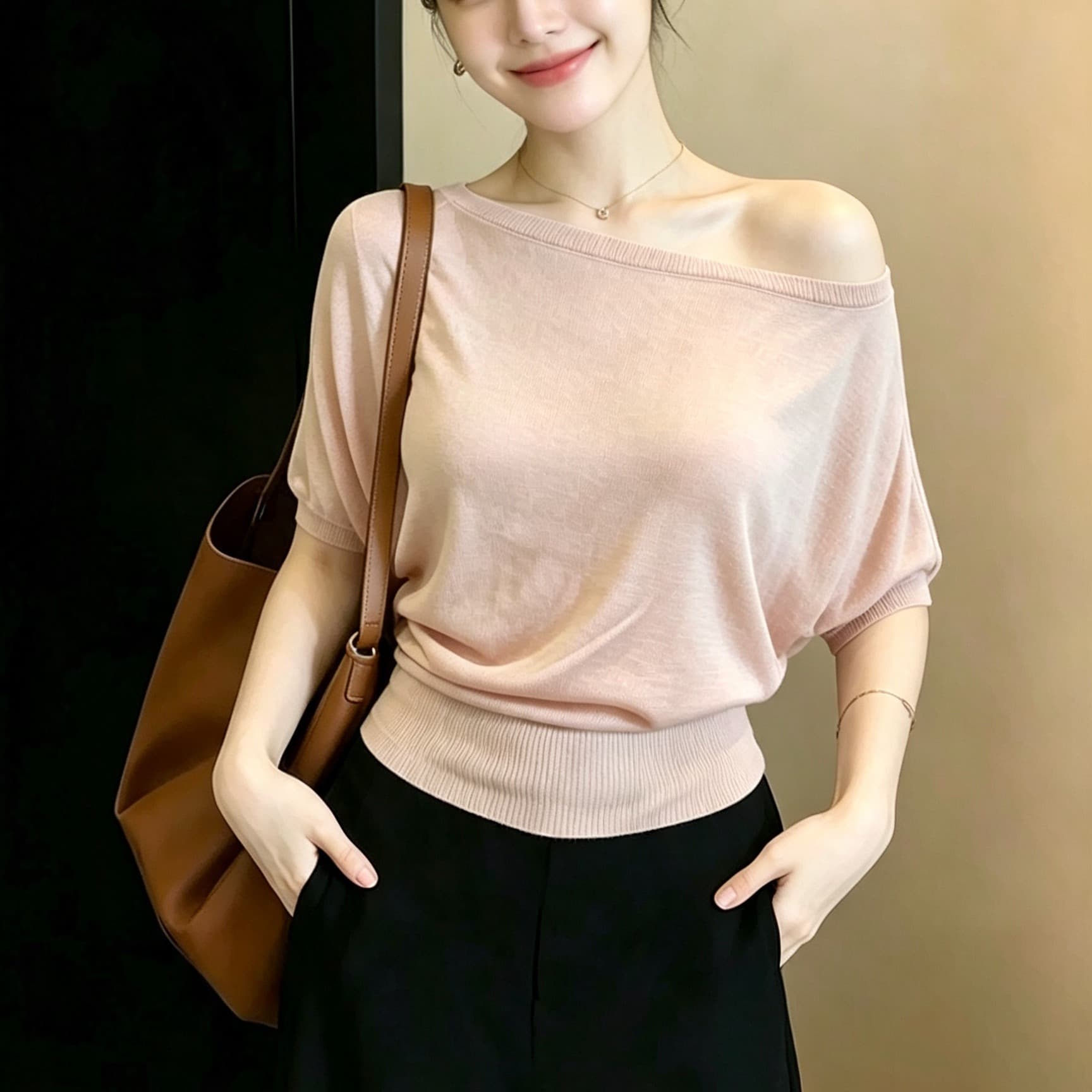 빅 사이즈 지방 mm 순수한 욕망 바람 보트넥 니트 반팔 티셔츠 여성 여름 디자인 센스 허리 수축 슬림해 보이는 비스듬한 어깨 의류 이미지 5