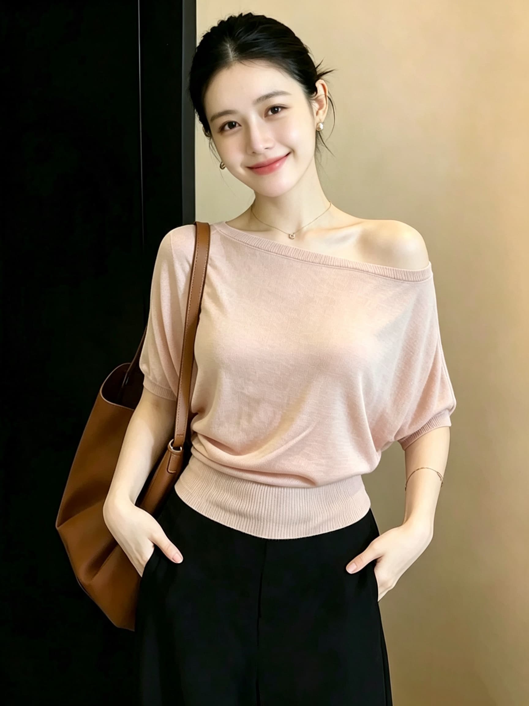 빅 사이즈 지방 mm 순수한 욕망 바람 보트넥 니트 반팔 티셔츠 여성 여름 디자인 센스 허리 수축 슬림해 보이는 비스듬한 어깨 의류 상세 이미지 4