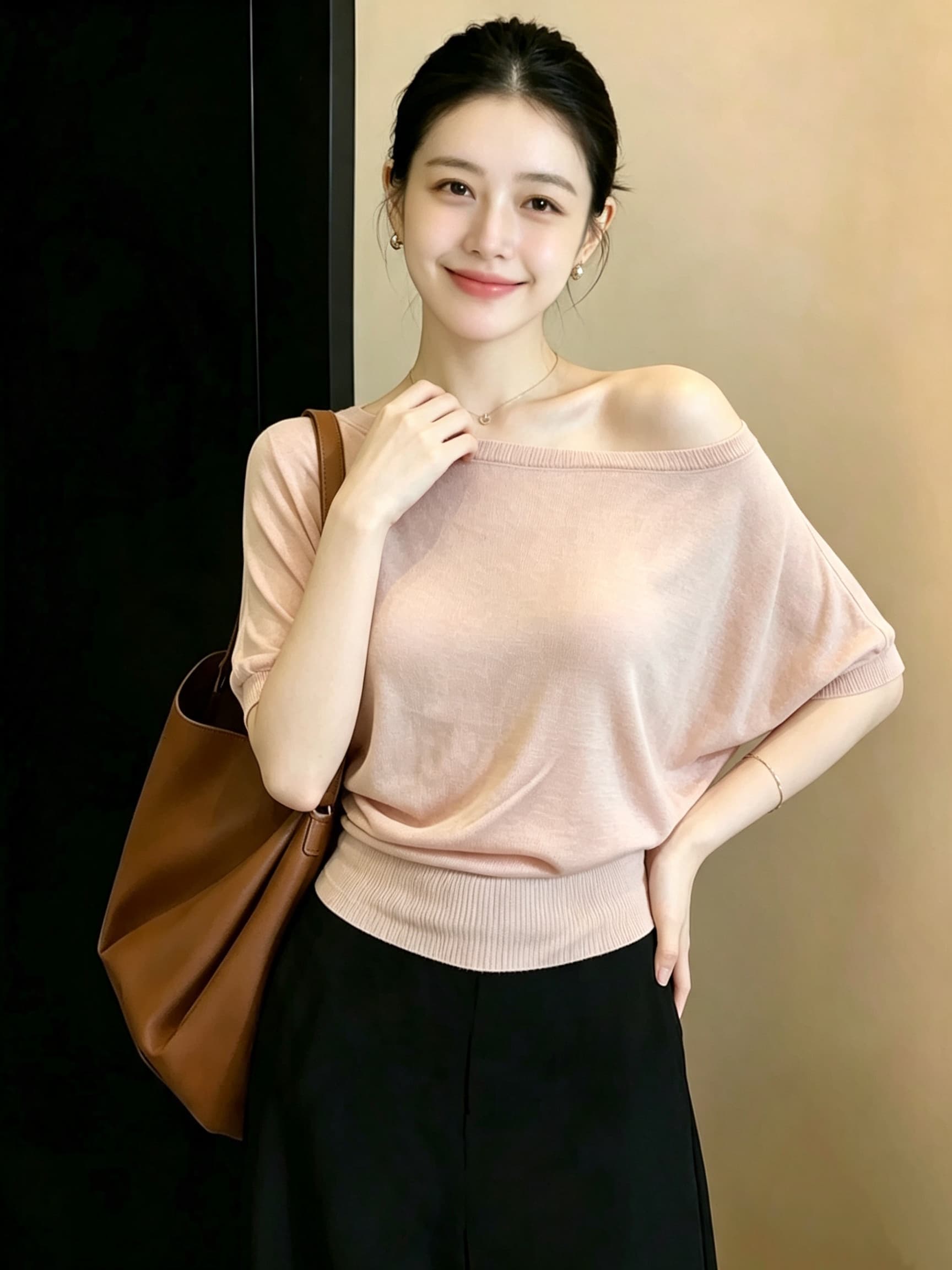 빅 사이즈 지방 mm 순수한 욕망 바람 보트넥 니트 반팔 티셔츠 여성 여름 디자인 센스 허리 수축 슬림해 보이는 비스듬한 어깨 의류 상세 이미지 5
