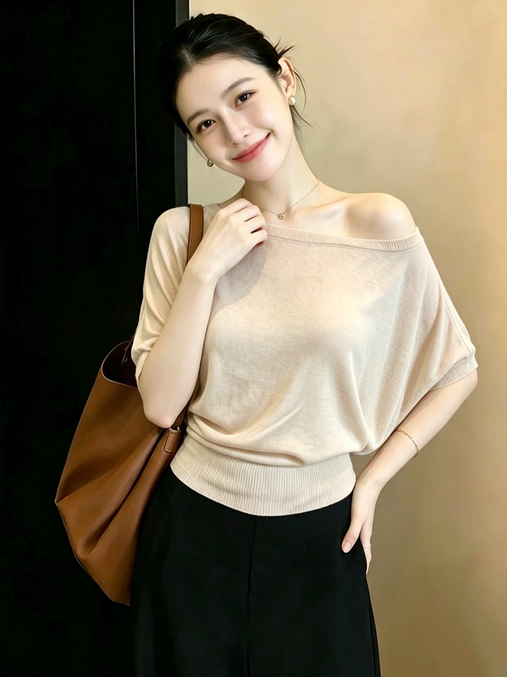 빅 사이즈 지방 mm 순수한 욕망 바람 보트넥 니트 반팔 티셔츠 여성 여름 디자인 센스 허리 수축 슬림해 보이는 비스듬한 어깨 의류 상세 이미지 9