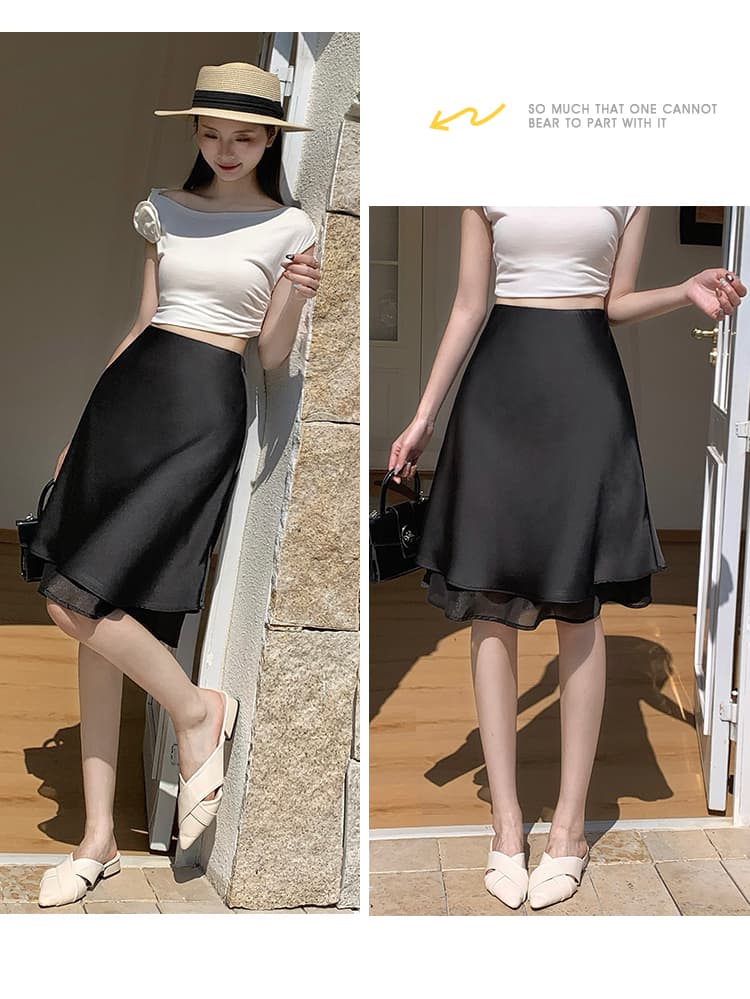 한 부서 품격 하이웨이스트 도루 센스 새틴 반신 스커트 여성 봄 새로운 작은 대중 디자인 센스 망사 패치워크 A라인 스커트 상세 이미지 30
