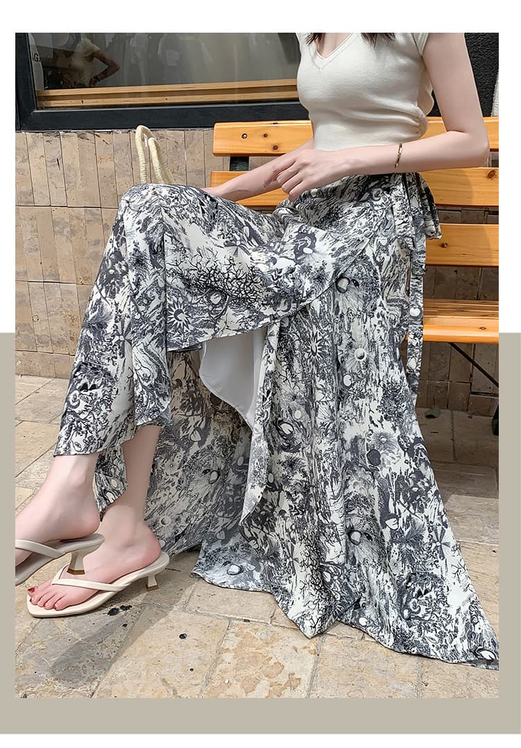 휴일 분위기 센스 프랑스식 프린트 레이스업 한 마디 반신 스커트 쉬폰 한 조각 치마 슬림해 보이는 도루 센스 한 마디 롱 스커트 상세 이미지 26