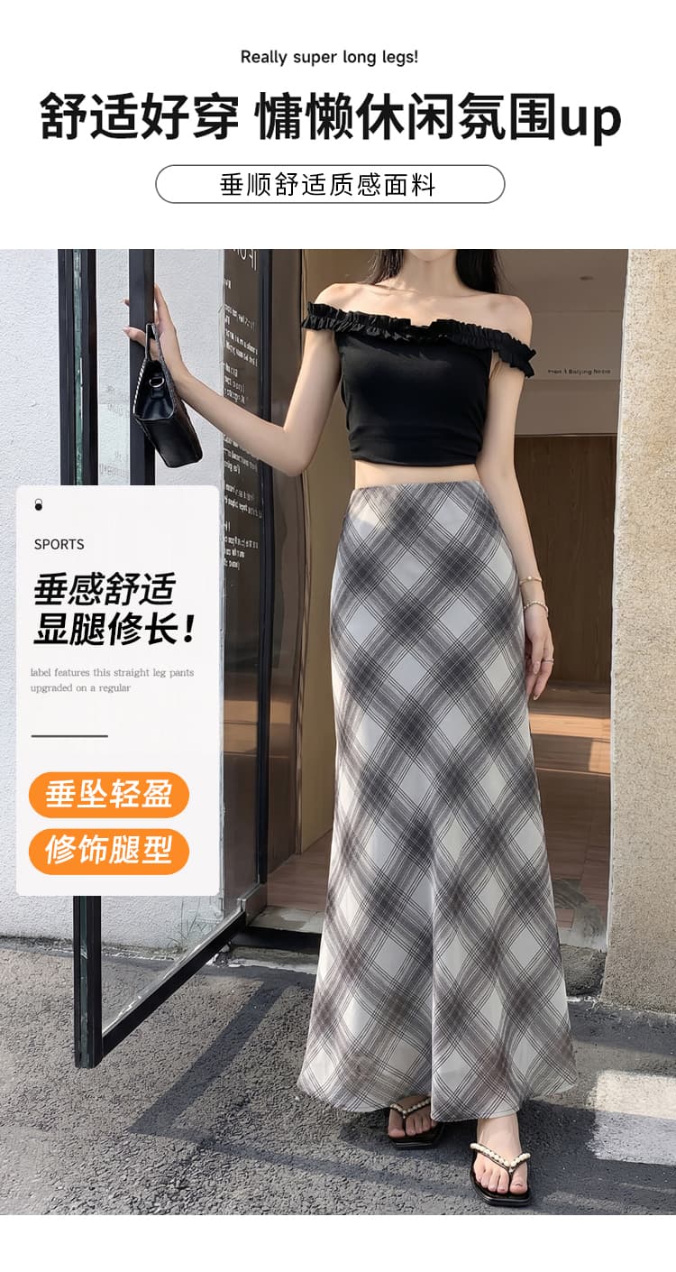레트로 문예 블루스 빛 Tulle 질감 체크무늬 반신 스커트 여성 여름 불규칙 슬림해 보이는 체크무늬 품격 롱 스커트 상세 이미지 8