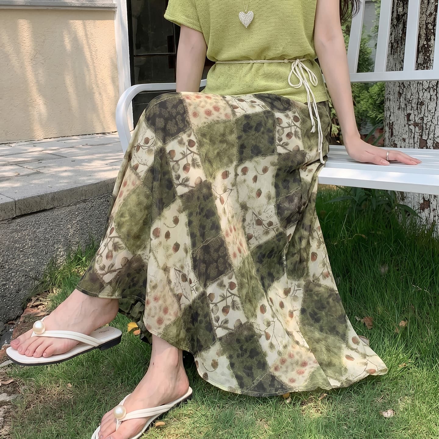 한 부서 품격 꽃무늬 반신 스커트 여성 새로운 중식 레트로 마 오래된 체크무늬 한 마디 롱 코트 반신 스커트 인어 꼬리 치마 이미지 4