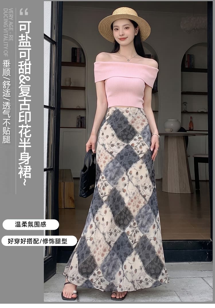 한 부서 품격 꽃무늬 반신 스커트 여성 새로운 중식 레트로 마 오래된 체크무늬 한 마디 롱 코트 반신 스커트 인어 꼬리 치마 상세 이미지 1