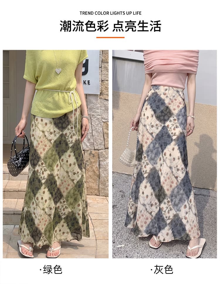 한 부서 품격 꽃무늬 반신 스커트 여성 새로운 중식 레트로 마 오래된 체크무늬 한 마디 롱 코트 반신 스커트 인어 꼬리 치마 상세 이미지 15
