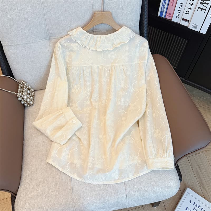 실사 빅 사이즈 여성 의류 베이비 칼라 연령 감소 다용도 셔츠 봄 가을 레트로 디자인 센스 다용도 작은 대중 긴팔 셔츠 상세 이미지 12