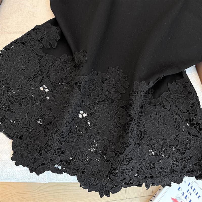 실사 빅 사이즈 여성 의류 지방 mm 미니멀리즘 라운드 넥 루즈핏 반팔 티셔츠 중간 길이 레이스 자수 패치워크 스타일 맨위 상세 이미지 13