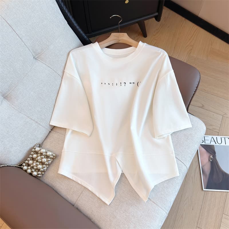 실사 빅 사이즈 여성 의류 한국 스타일 라운드 넥 미니멀리즘 루즈핏 반팔 통통한 여동생 슬림해 보이는 품격 고급 티셔츠 이미지 5