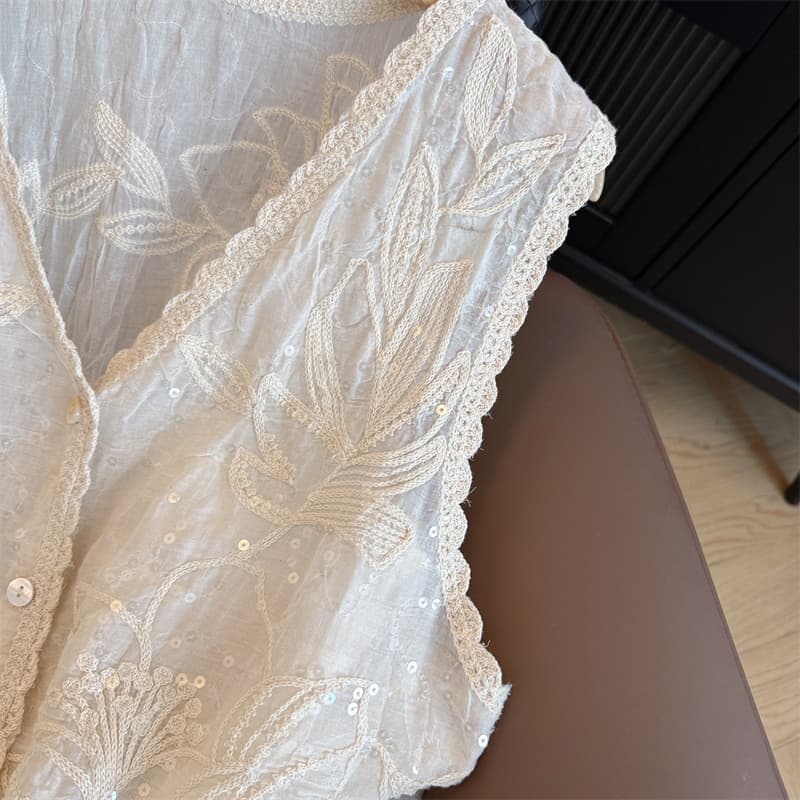 실사 빅 사이즈 여성 의류 새로운 여름 프랑스식 V넥 자카드 민소매 베스트 무거운 작업 품격 스팽글 조끼 맨위 상세 이미지 11