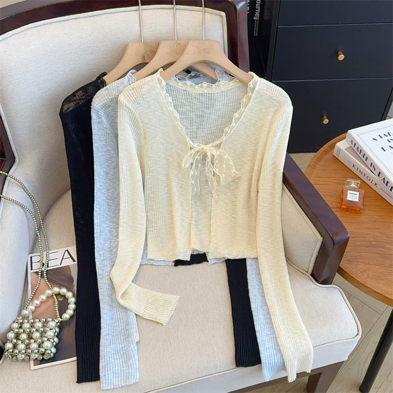 실사 빅 사이즈 여성 의류 프랑스식 레이스 조각 레이스 니트 오픈 가디건 자외선 차단 에어컨 블라우스 얇은 스타일 얼음 실크 외부 가져 가라.