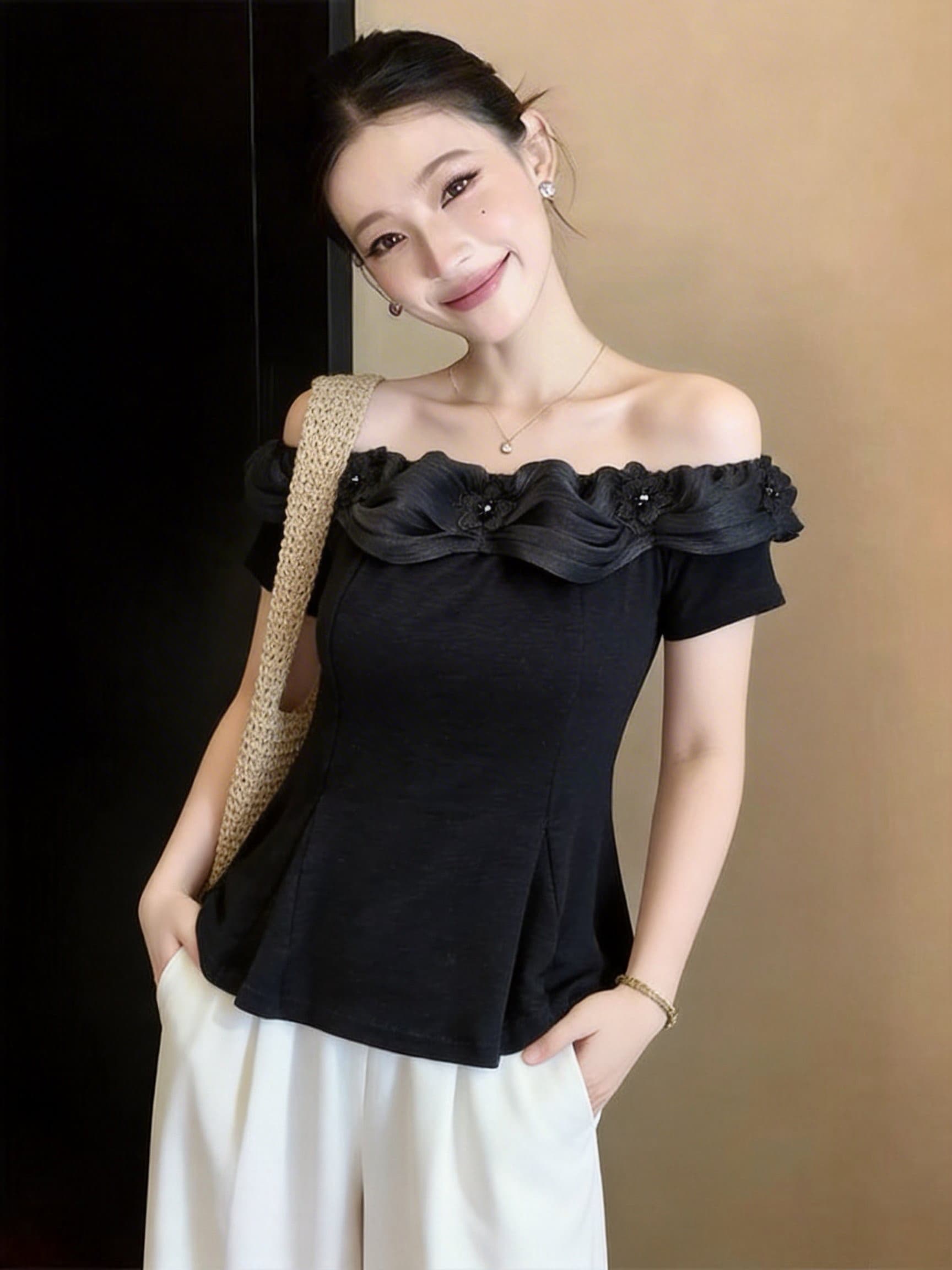 실사 빅 사이즈 여성 의류 여름 새로운 명문 여성 바람 패션 오프숄더 유리 구슬 빛 실 무거운 작업 구슬 꽃 고급 맨위 이미지 5