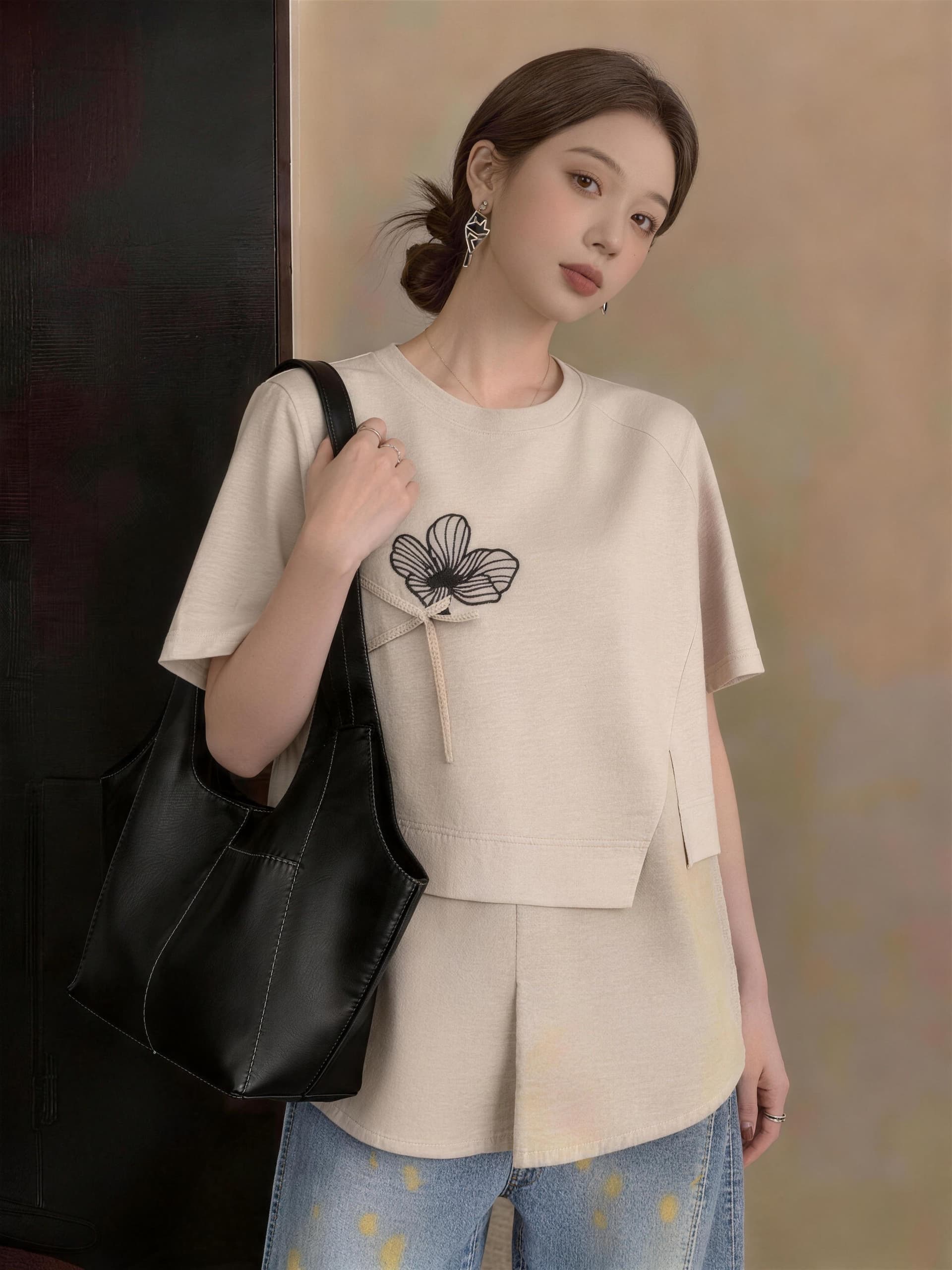 실사 빅 사이즈 여성 의류 여름 달콤함 루즈핏 캐주얼 바람 패션 풀오버 패션 꽃 프린트 페이크 레이어드 맨위 이미지 3