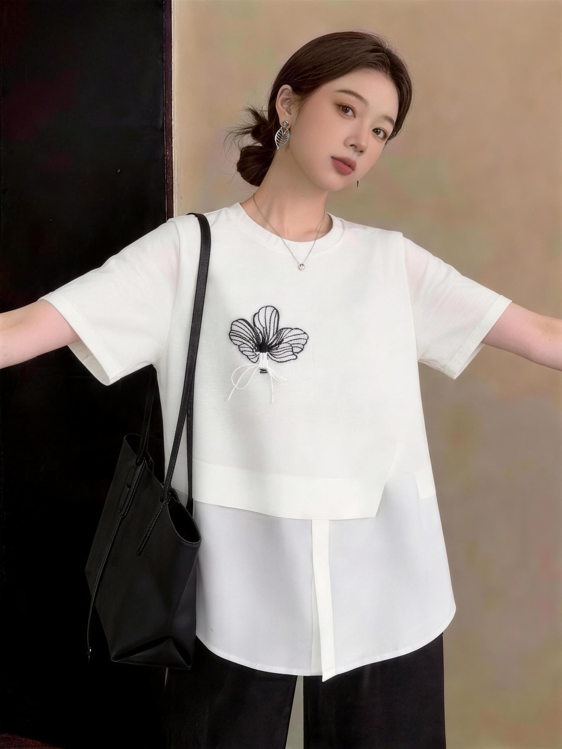 실사 빅 사이즈 여성 의류 여름 달콤함 루즈핏 캐주얼 바람 패션 풀오버 패션 꽃 프린트 페이크 레이어드 맨위 이미지 5