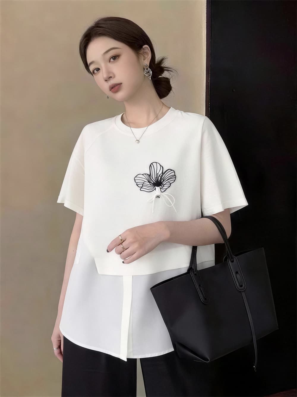 실사 빅 사이즈 여성 의류 여름 달콤함 루즈핏 캐주얼 바람 패션 풀오버 패션 꽃 프린트 페이크 레이어드 맨위 상세 이미지 3