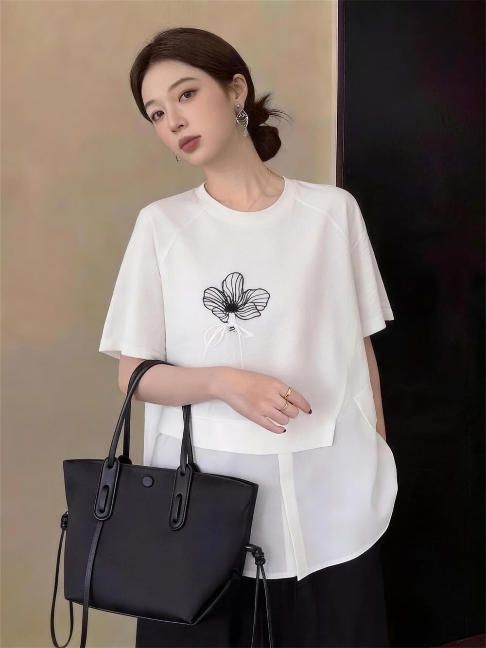 실사 빅 사이즈 여성 의류 여름 달콤함 루즈핏 캐주얼 바람 패션 풀오버 패션 꽃 프린트 페이크 레이어드 맨위 상세 이미지 5
