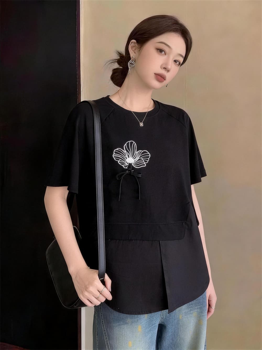 실사 빅 사이즈 여성 의류 여름 달콤함 루즈핏 캐주얼 바람 패션 풀오버 패션 꽃 프린트 페이크 레이어드 맨위 상세 이미지 6