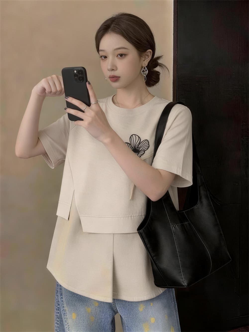 실사 빅 사이즈 여성 의류 여름 달콤함 루즈핏 캐주얼 바람 패션 풀오버 패션 꽃 프린트 페이크 레이어드 맨위 상세 이미지 8
